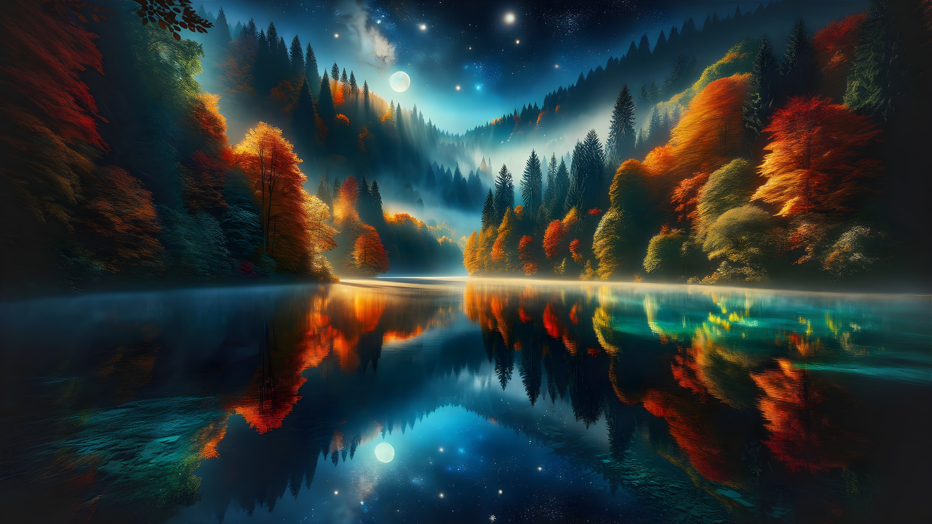 Tranquil Lake Surrounded by Autumn Foliage and Stars
