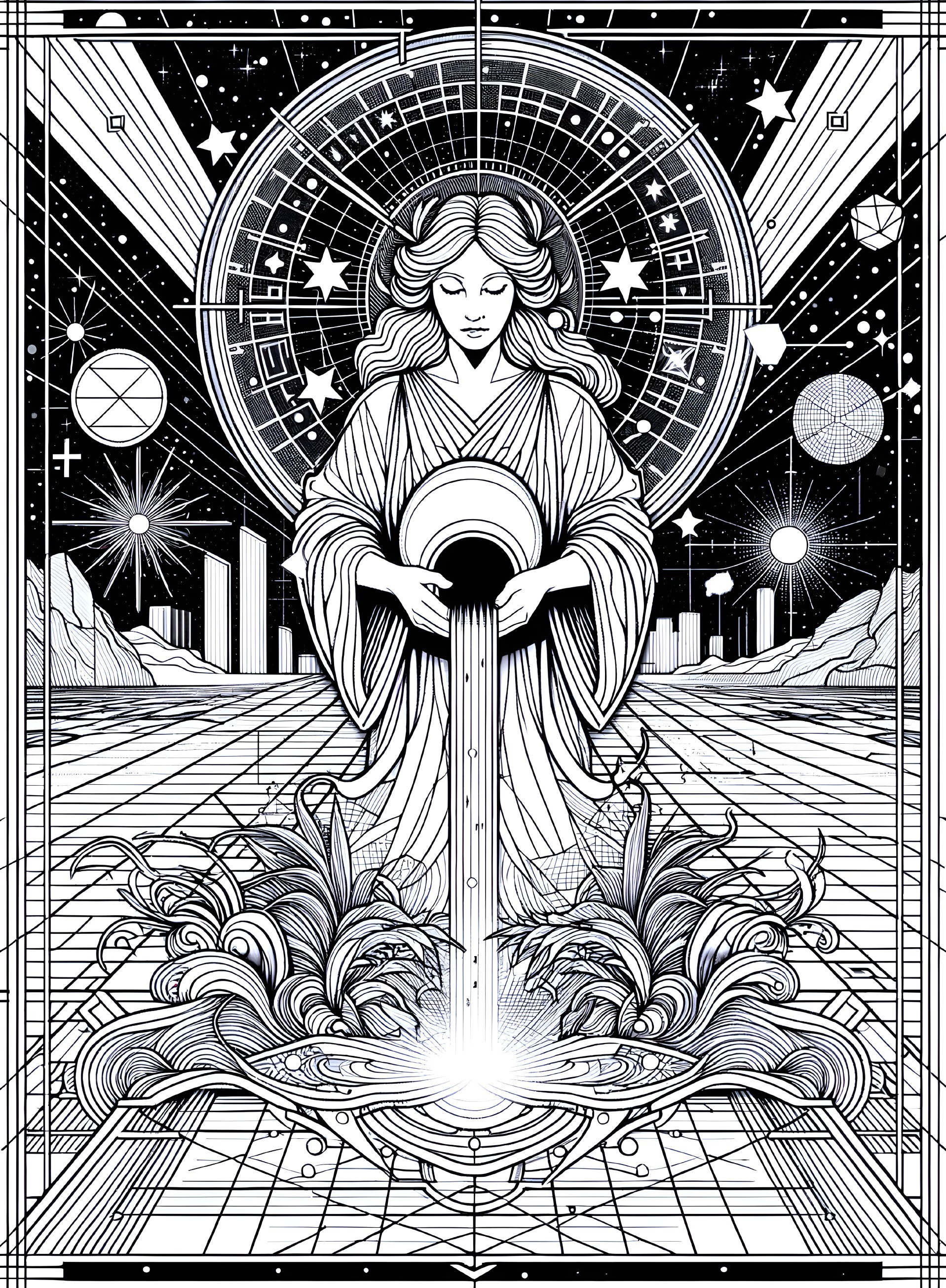 Celestial Figure with Geometric Patterns in Black and White