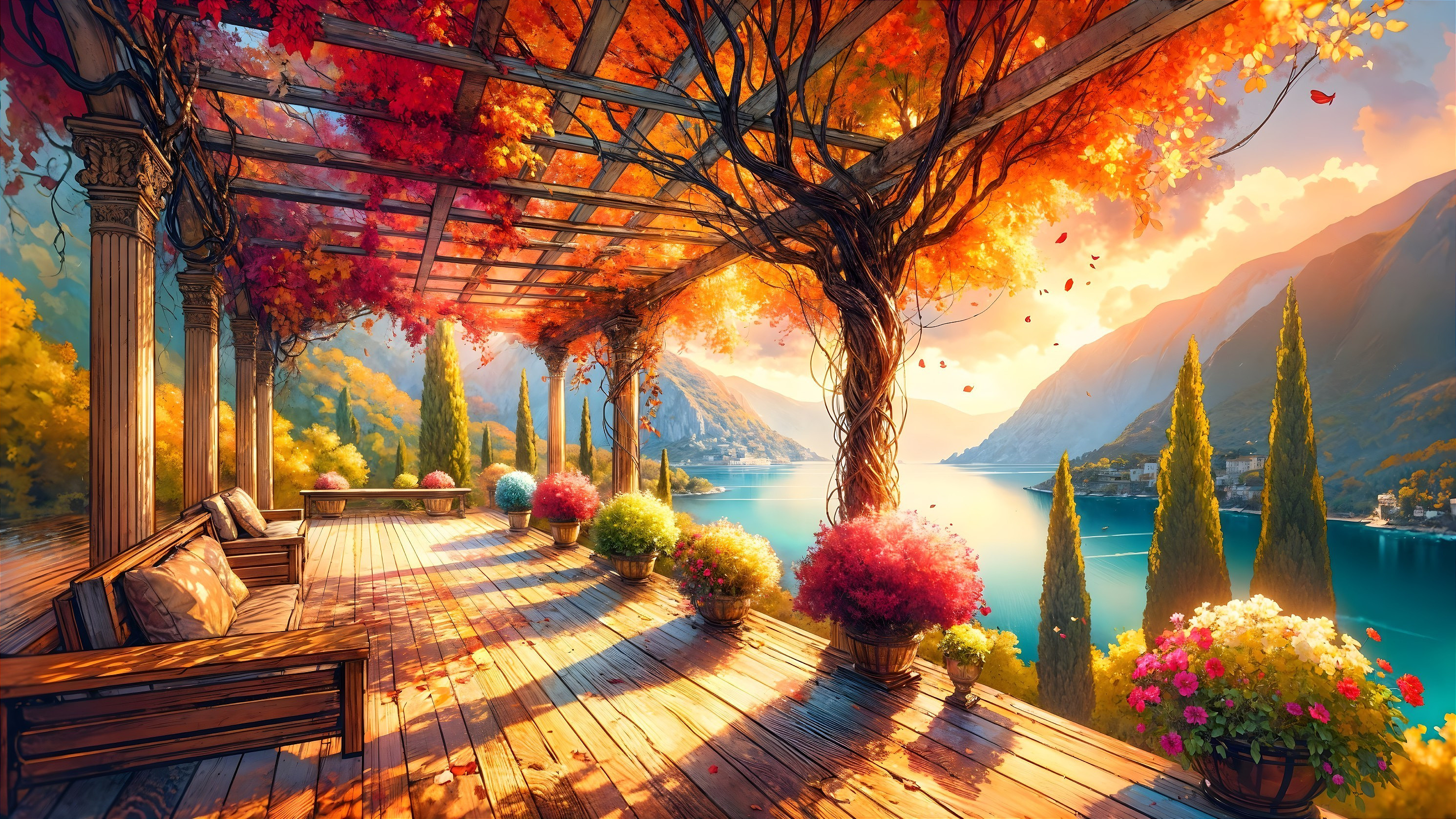 Terrace View of Lake with Autumn Foliage and Flowers