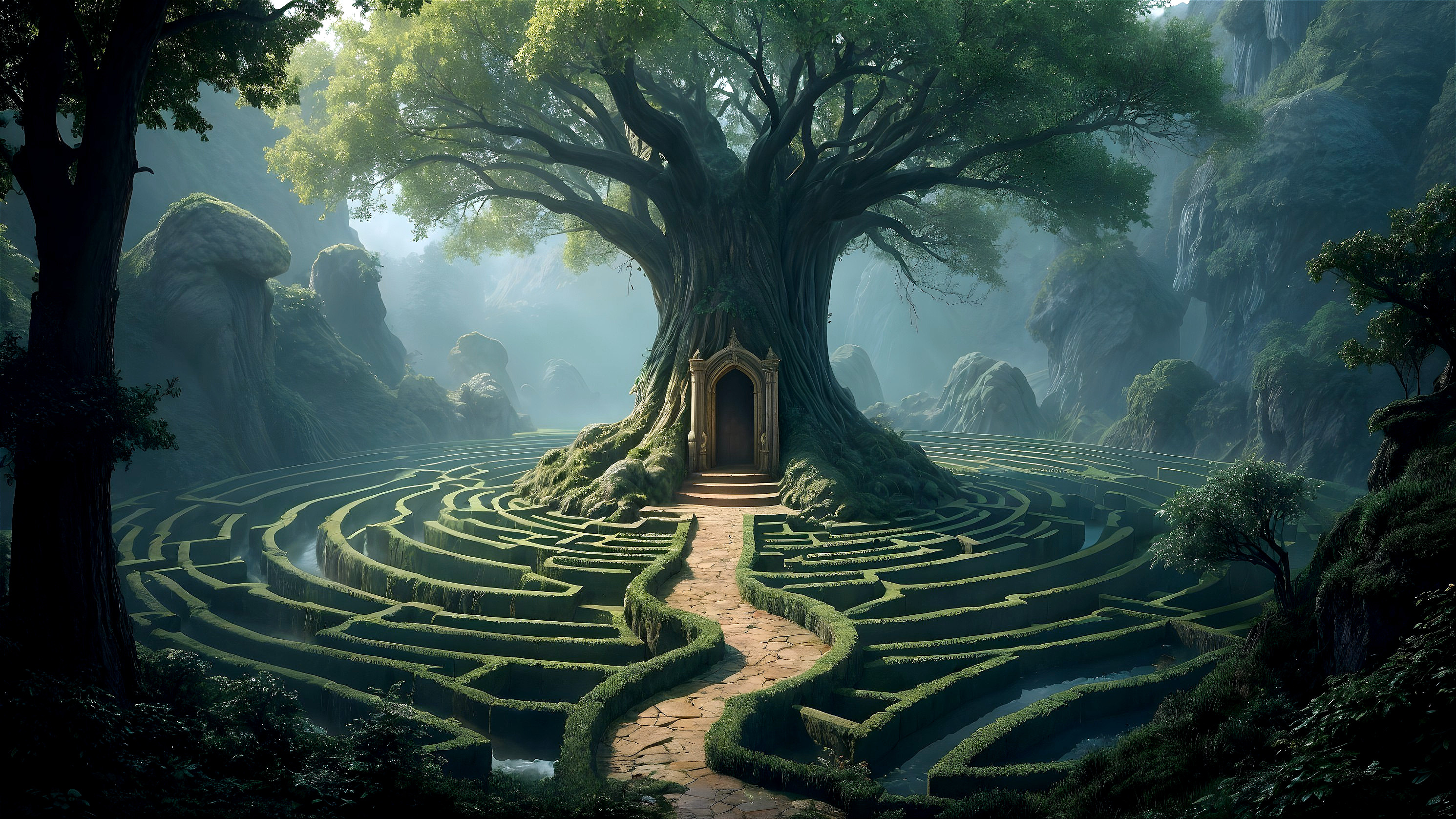 Ancient Tree Surrounded by Lush Greenery and Mist