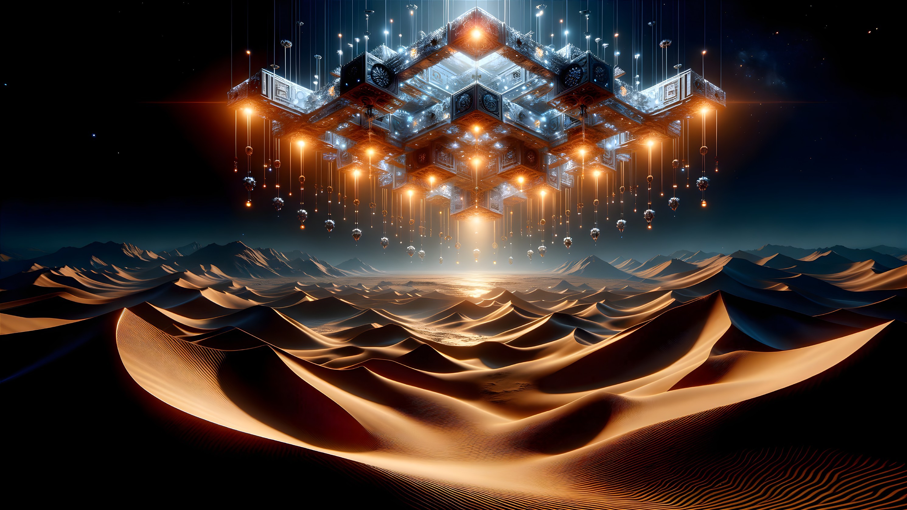 Futuristic Floating Structure Above Desert Sand Dunes