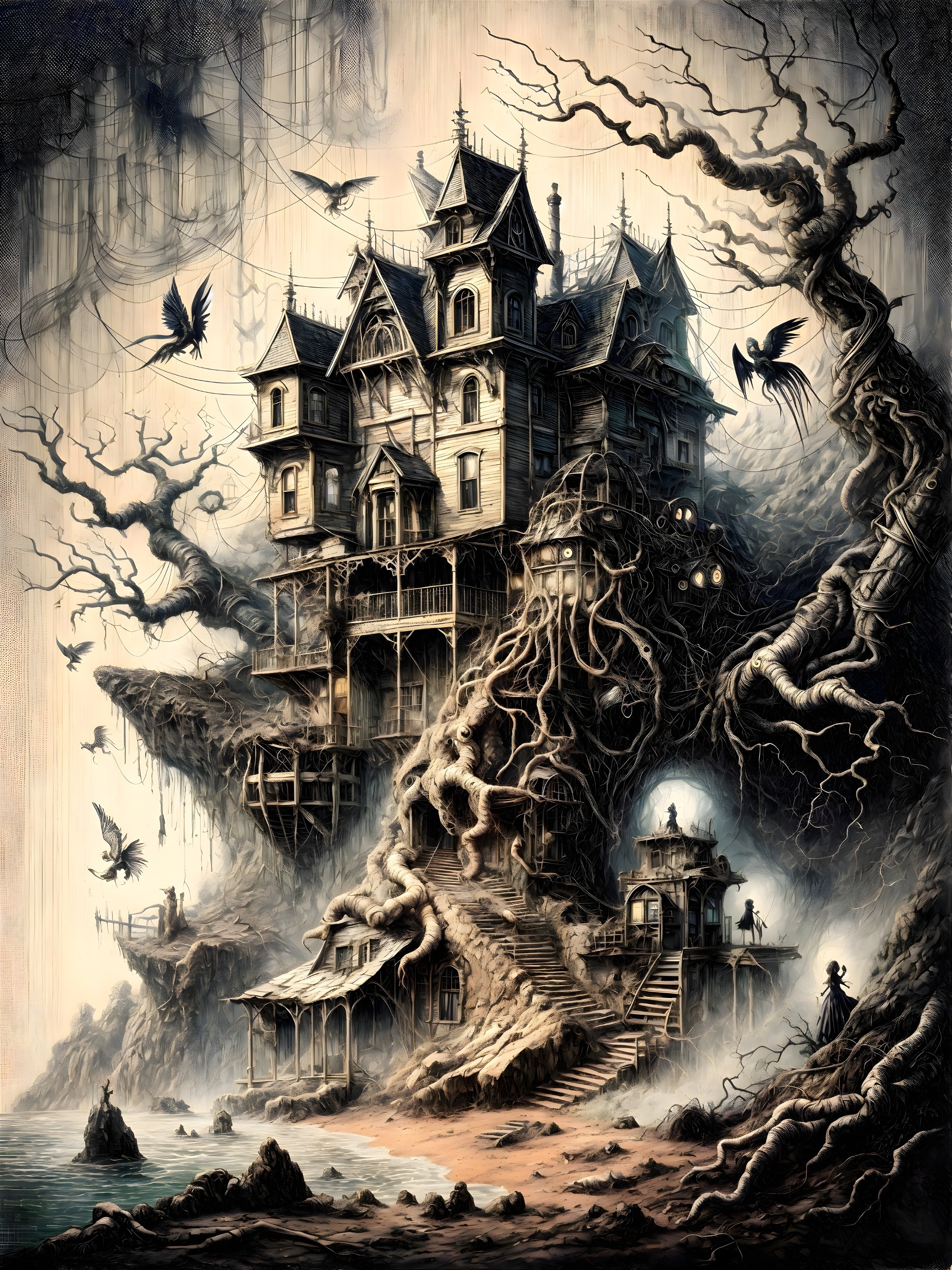 Mysterious Mansion on Cliff with Twisted Trees and Mist
