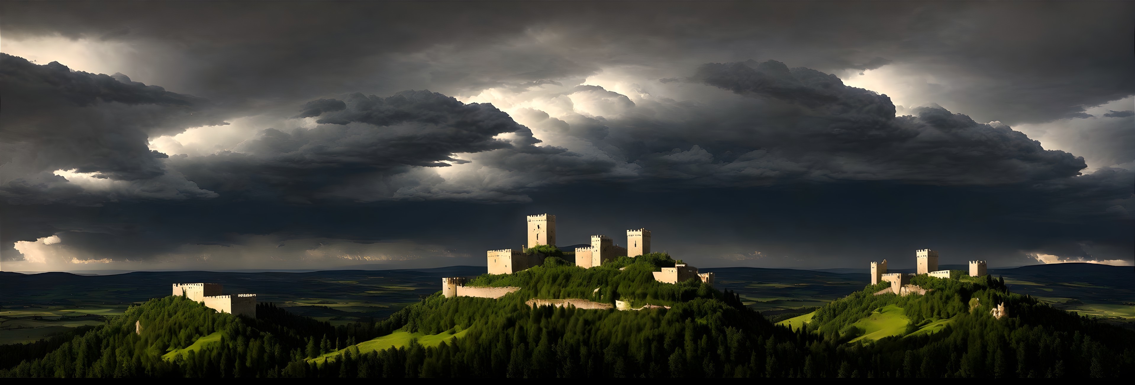 Fortress with Towers on Green Hills and Stormy Sky