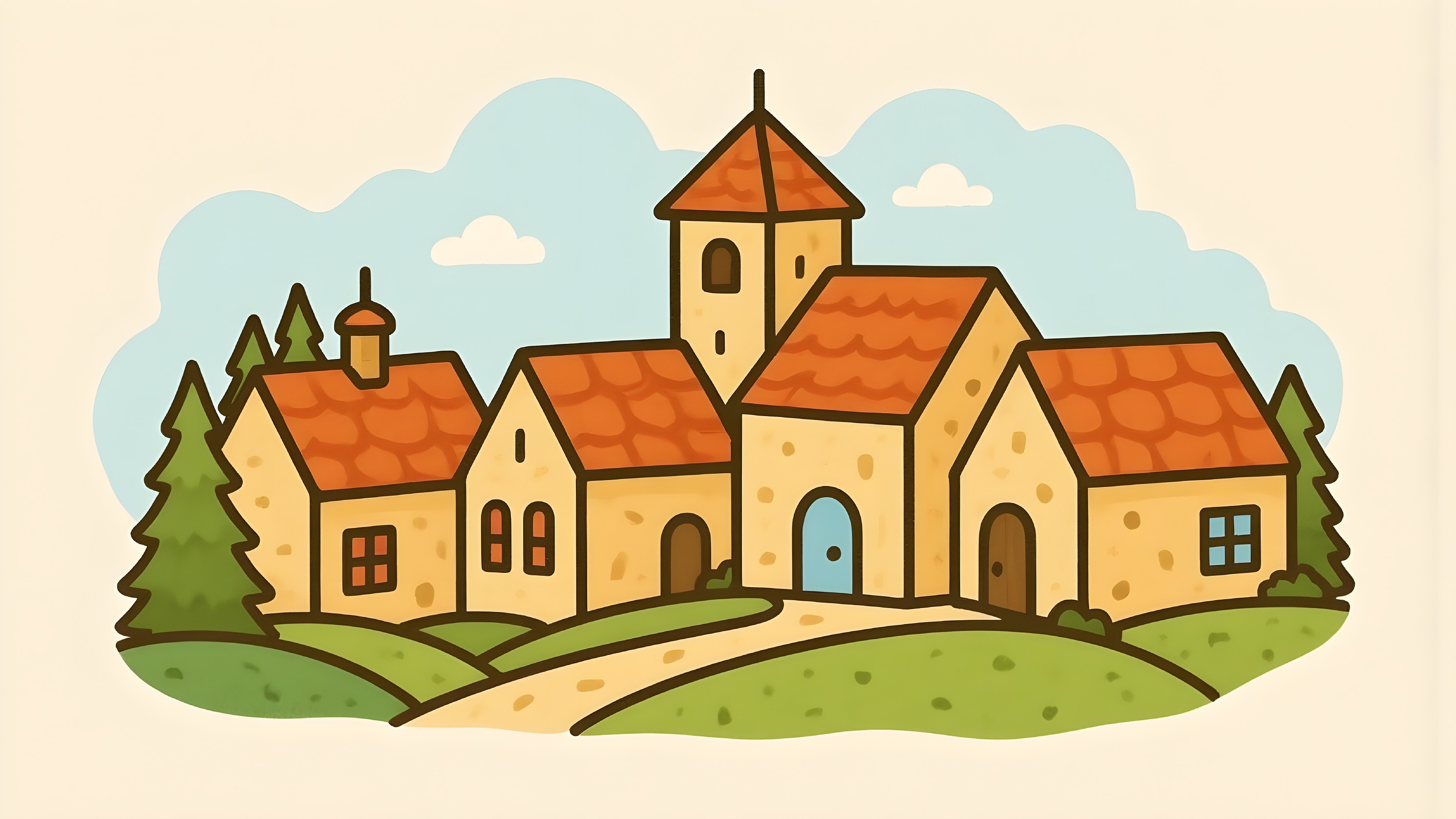 Cartoon-Style Village with Quaint Houses and Bell Tower