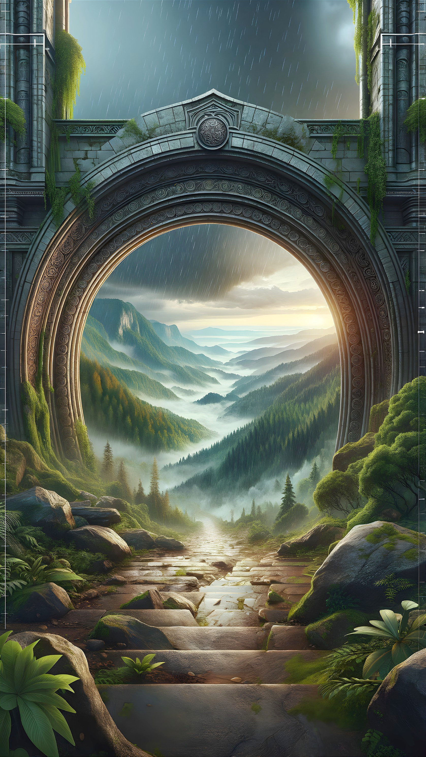 Ancient Archway Overlooking Misty Mountains and Forests
