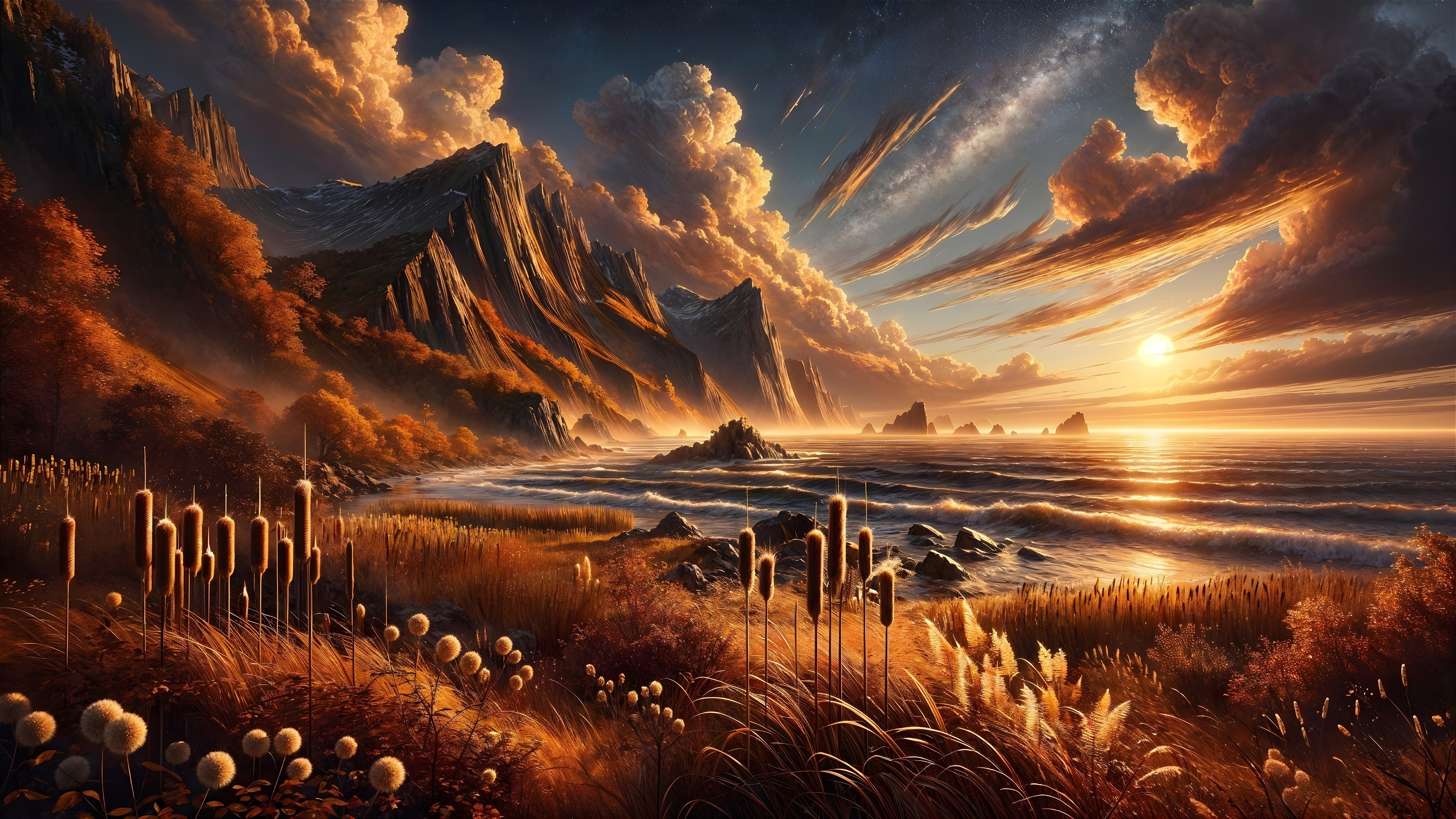 Coastal Landscape at Sunset with Cliffs and Waves