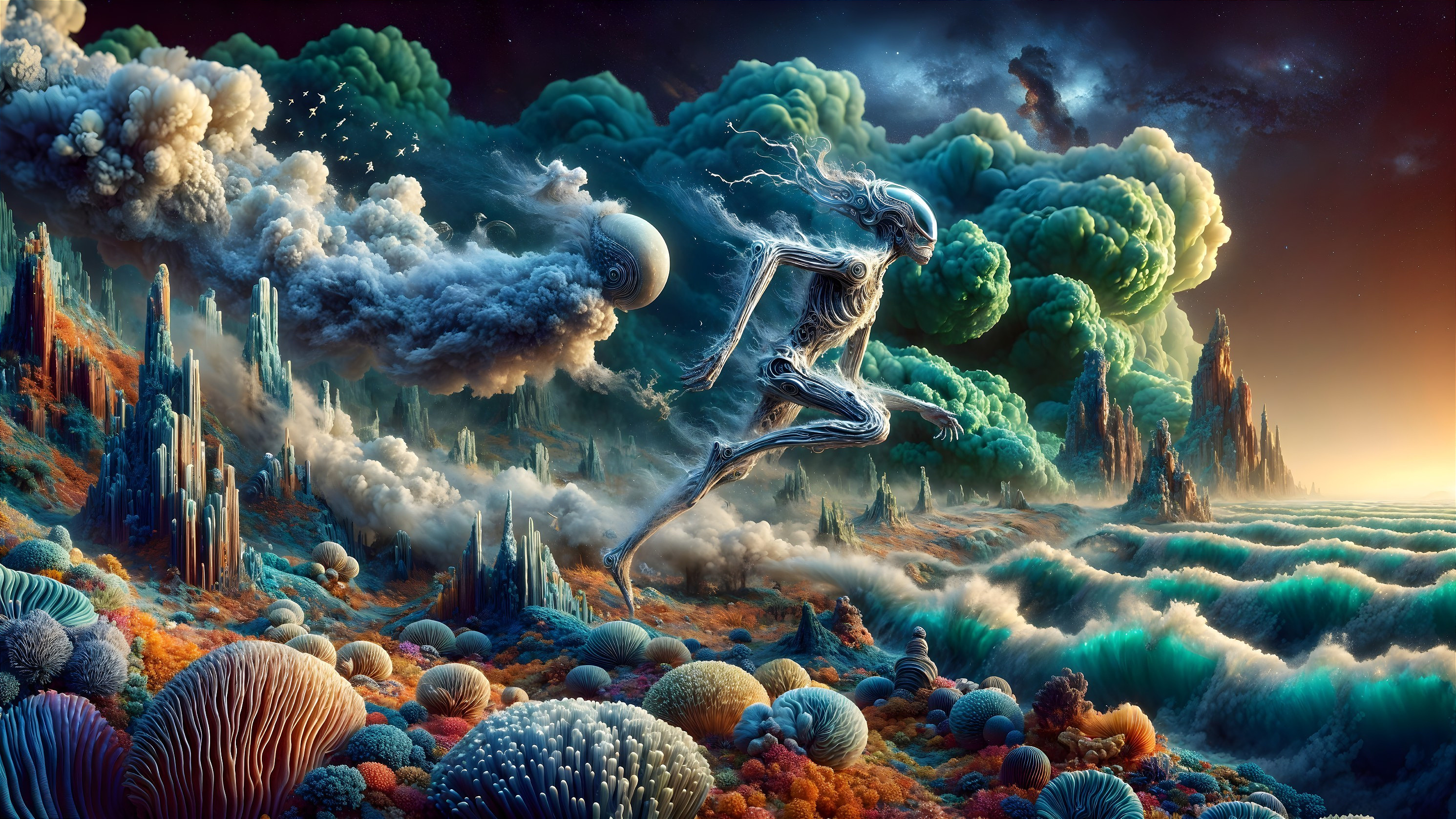 Surreal Landscape with Ethereal Figure and Fantasy Elements
