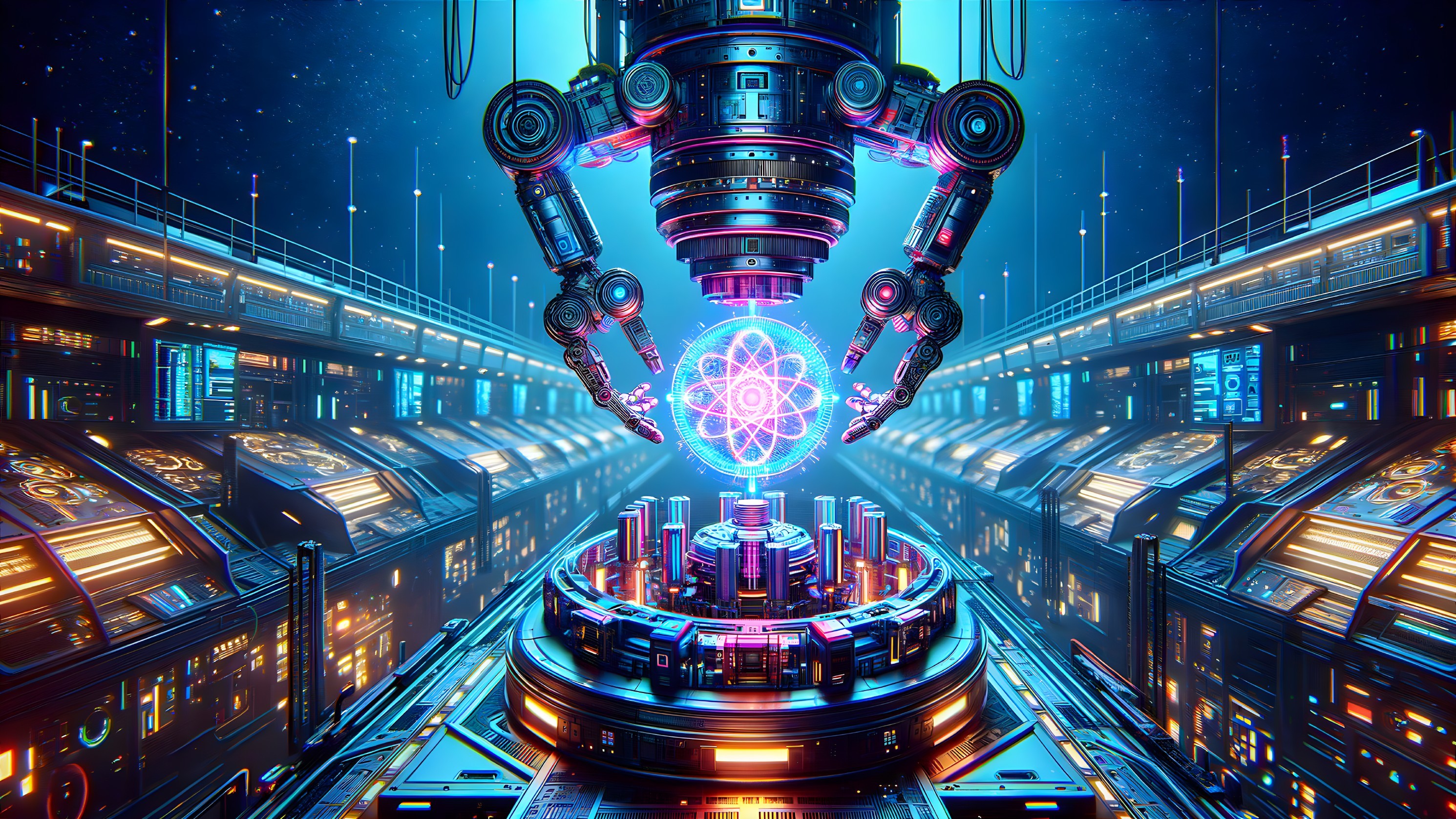 Futuristic Robotic Arm Holding Glowing Atomic Structure