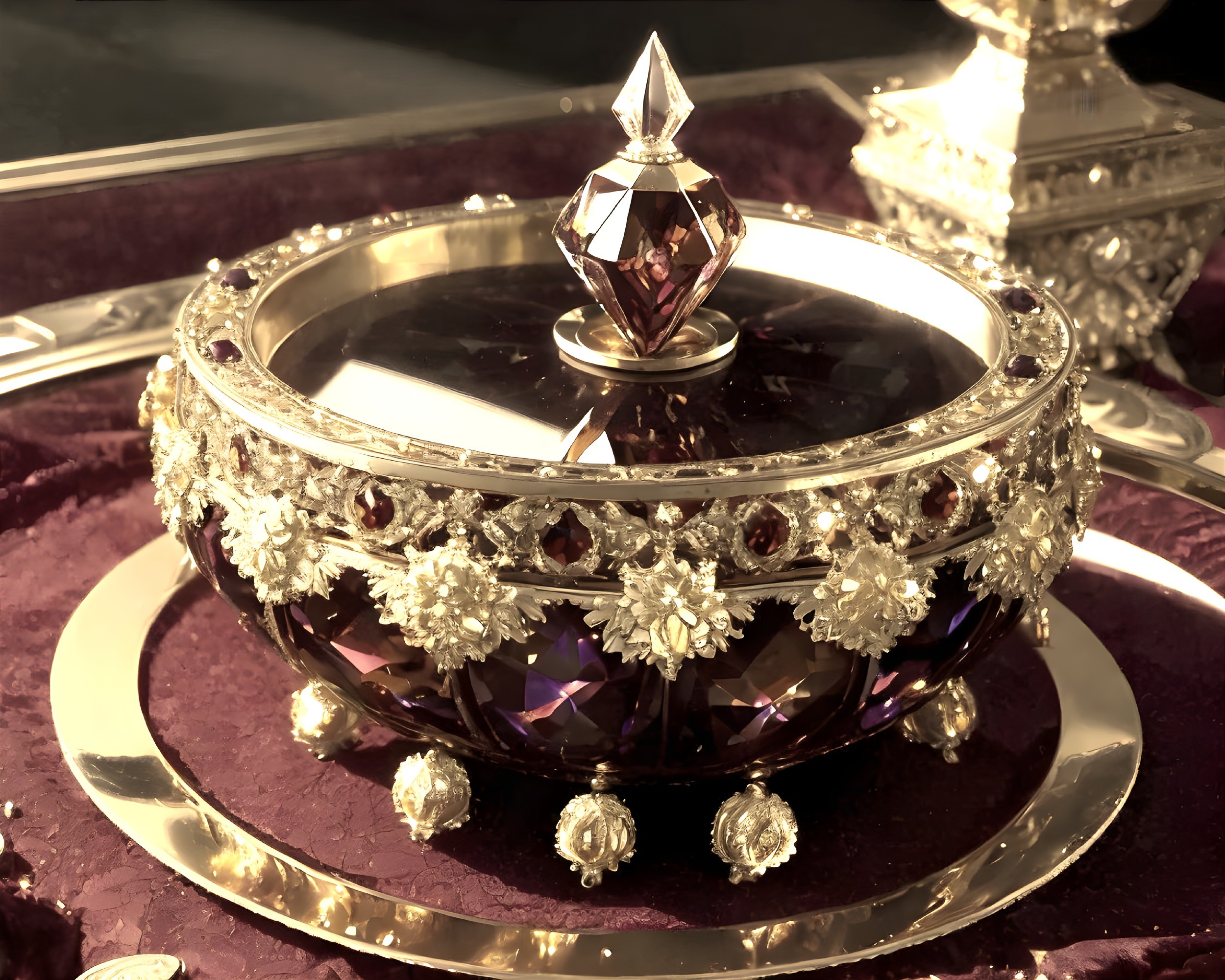 Ornate vintage decorative box with purple glass and gold