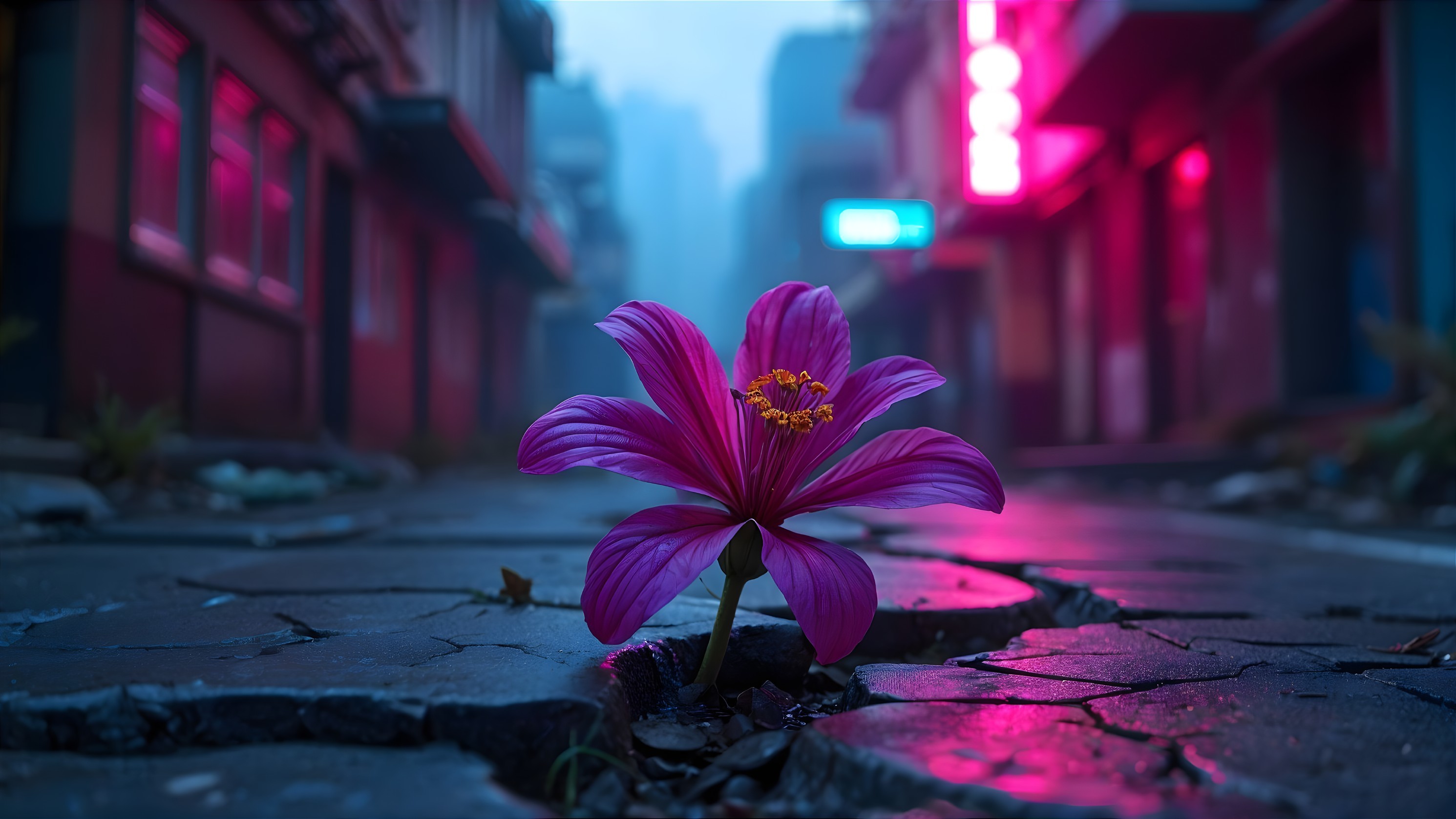 Vibrant Pink Flower in Urban Decay Scene