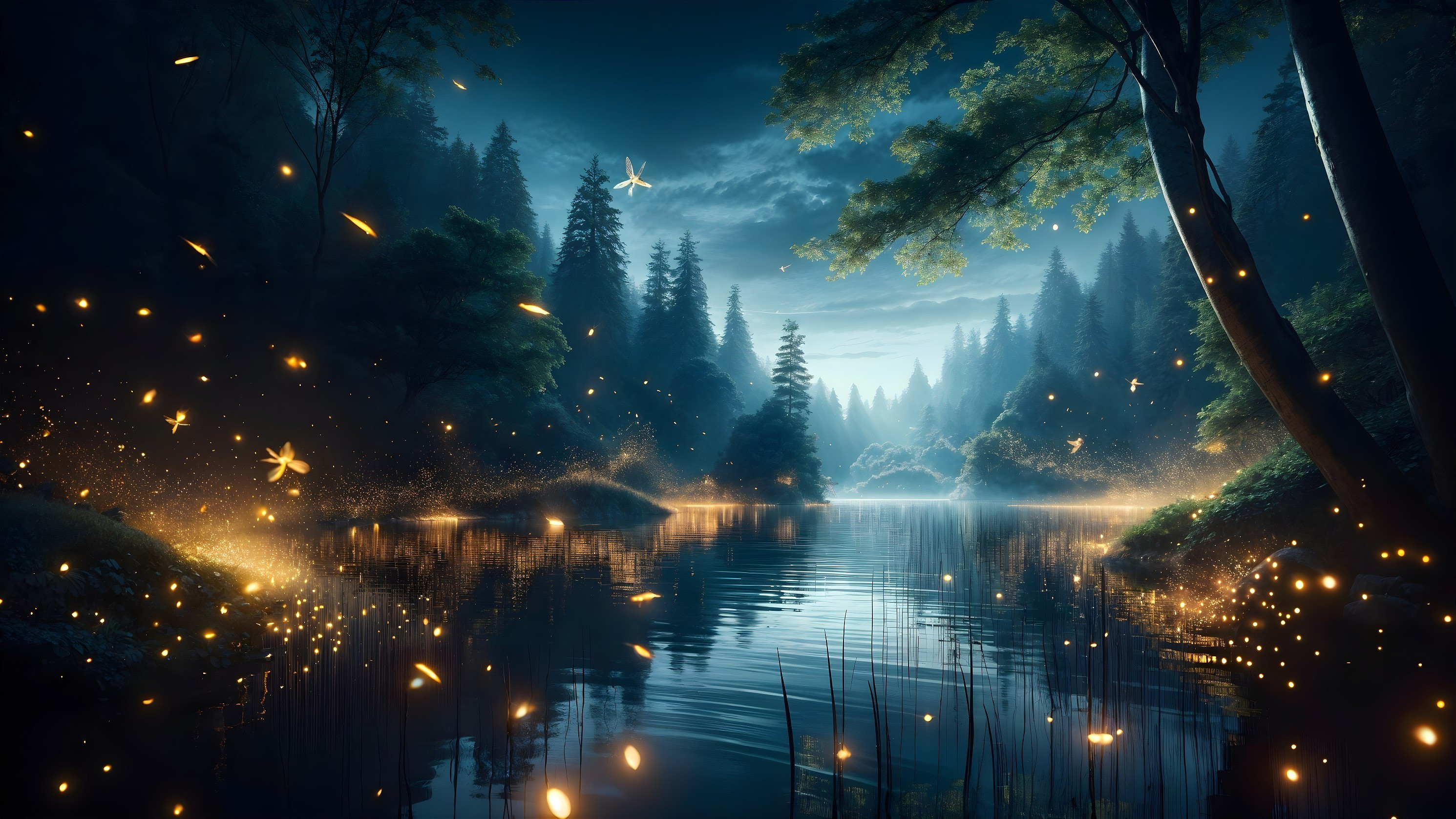 Serene Woodland Scene at Dusk with Reflective Lake