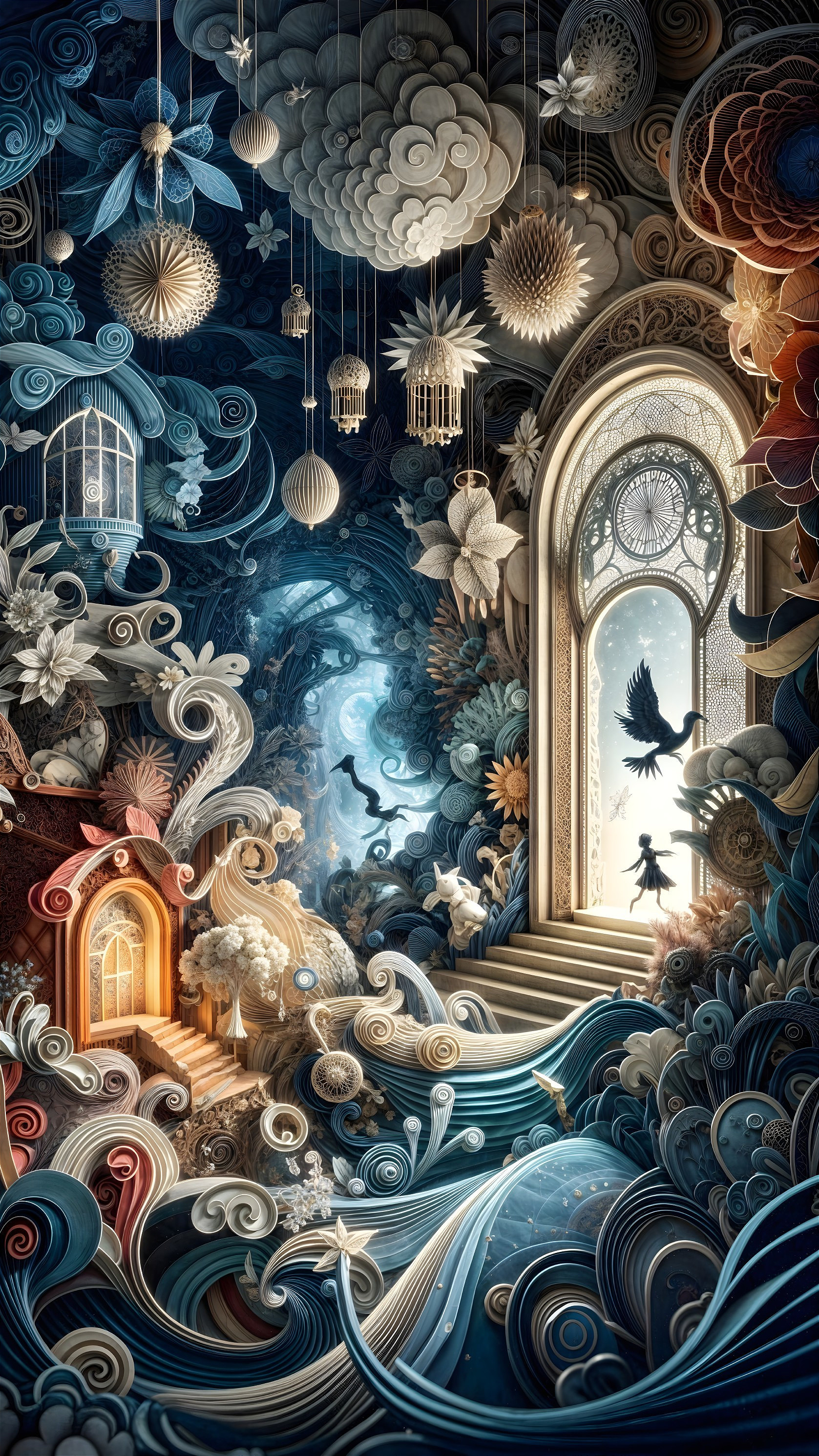Whimsical Dreamlike Landscape with Ethereal Elements