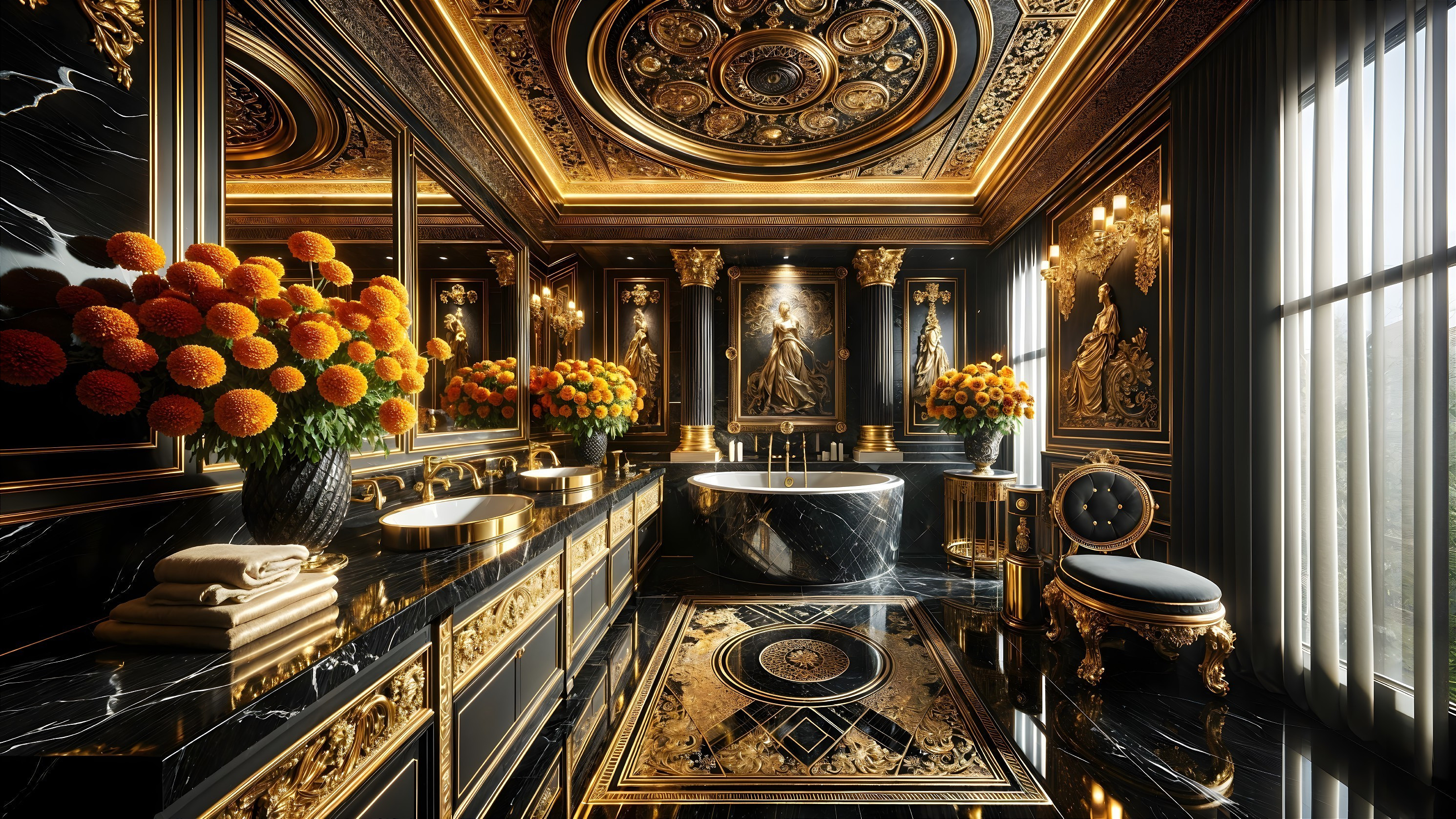 Luxurious Bathroom with Black Marble and Gold Accents