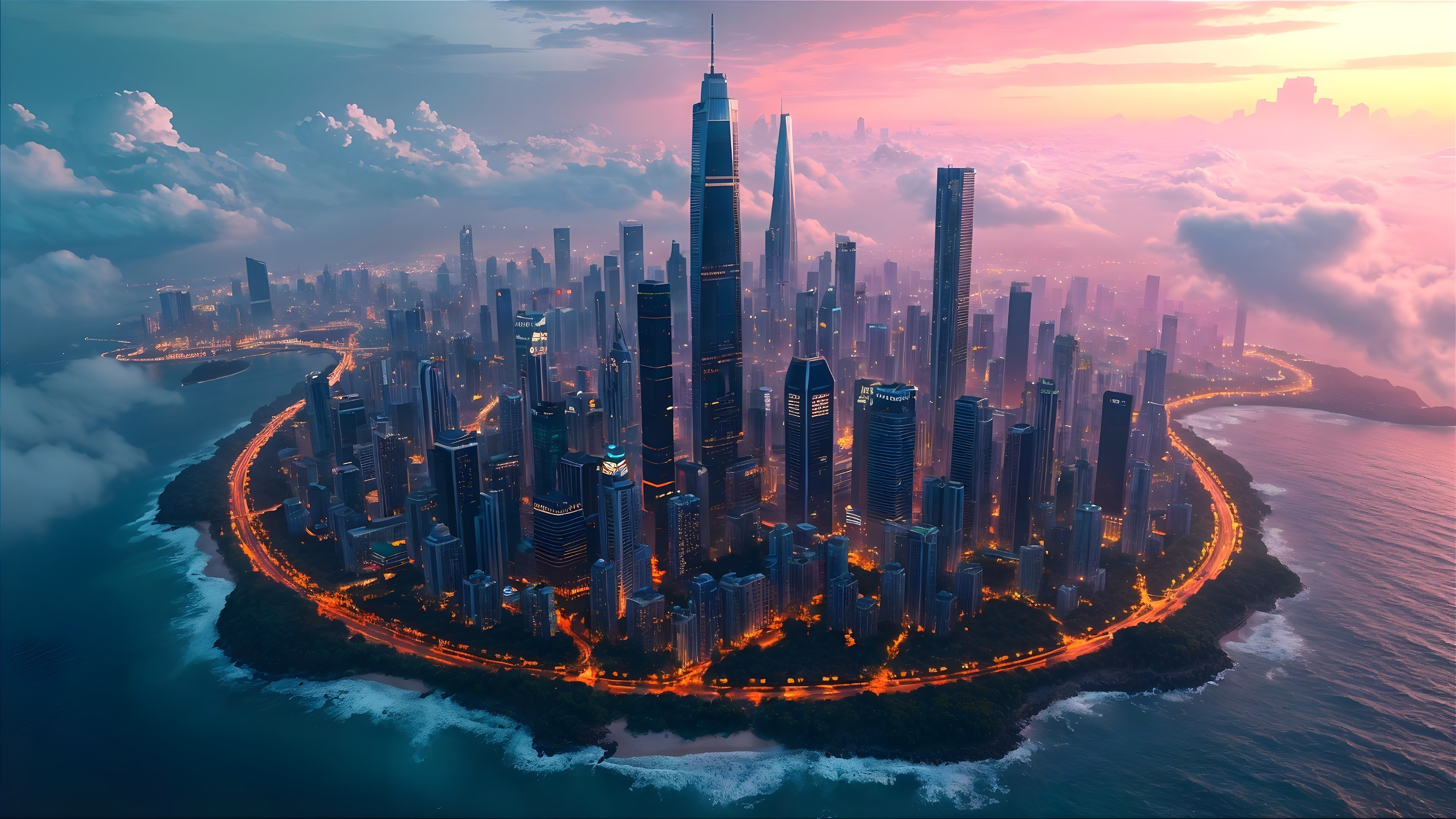Futuristic Cityscape with Skyscrapers and Sunset Colors