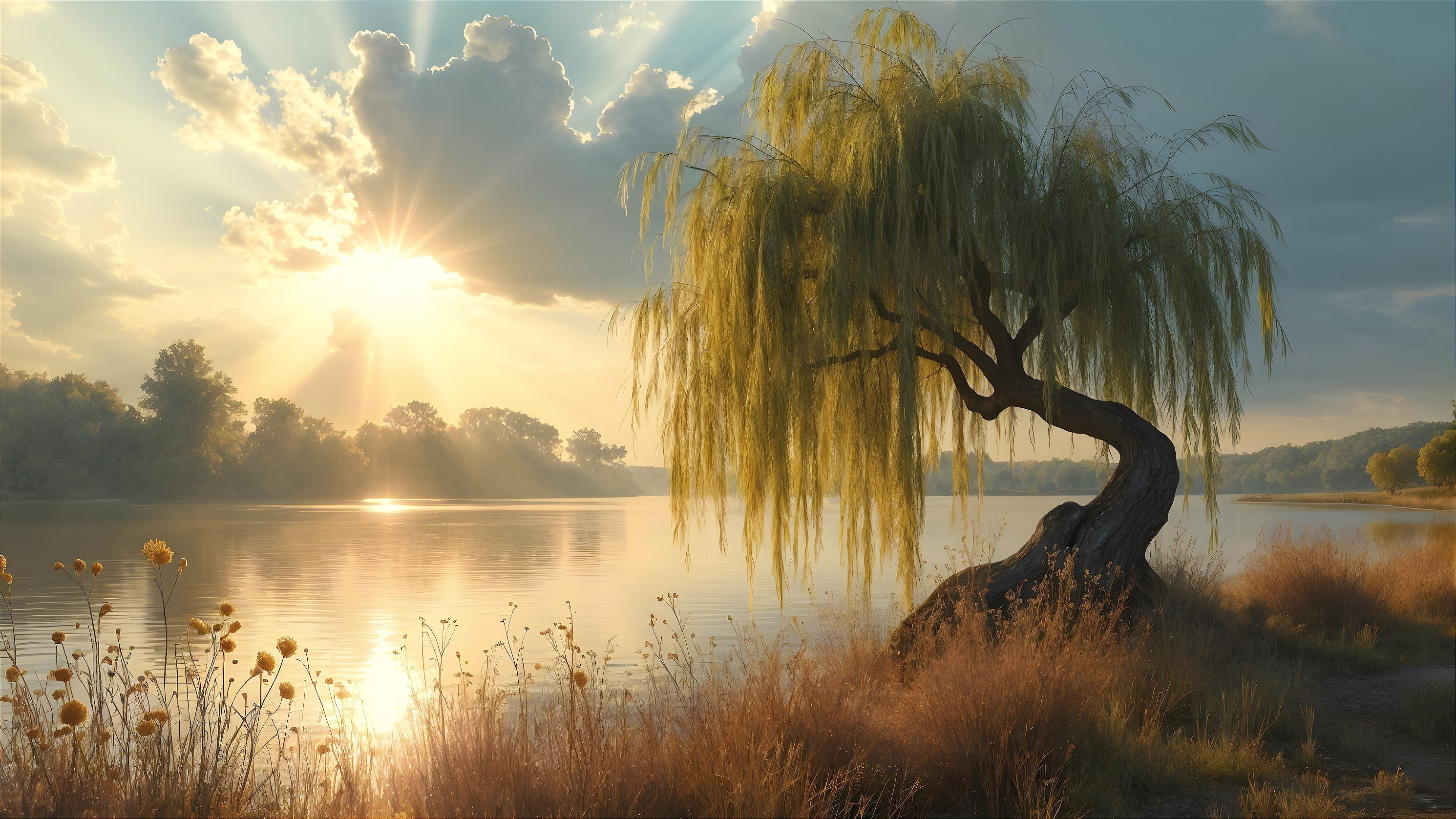 Serene Landscape with Willow Tree and Tranquil Lake