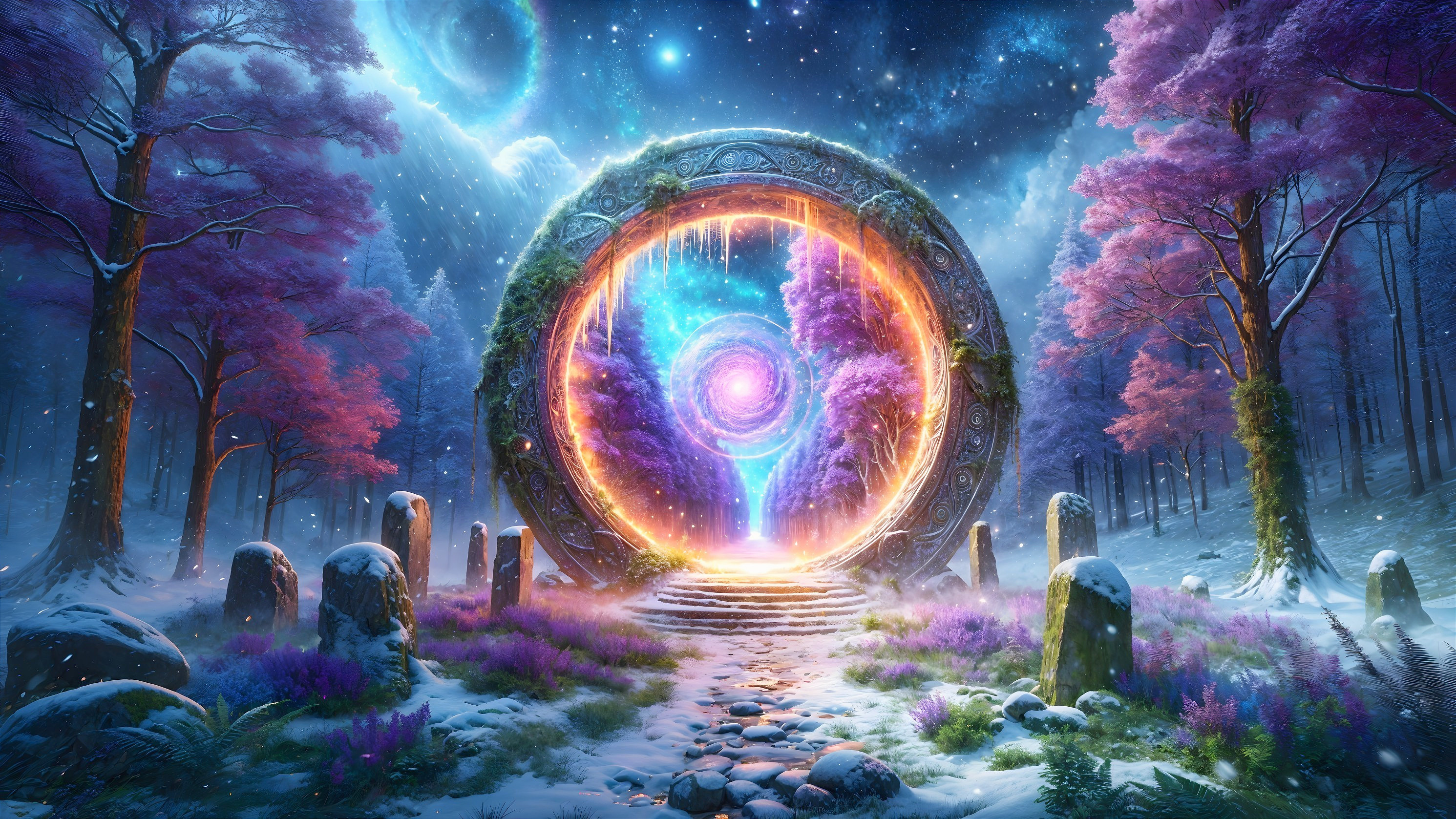 Mystical Portal Surrounded by Vibrant Galaxy and Trees