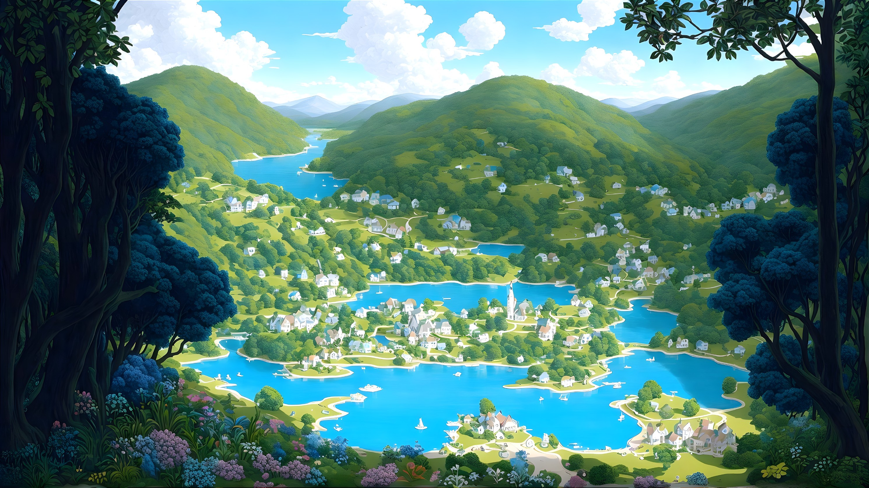 Idyllic Countryside Landscape with Lakes and Hills