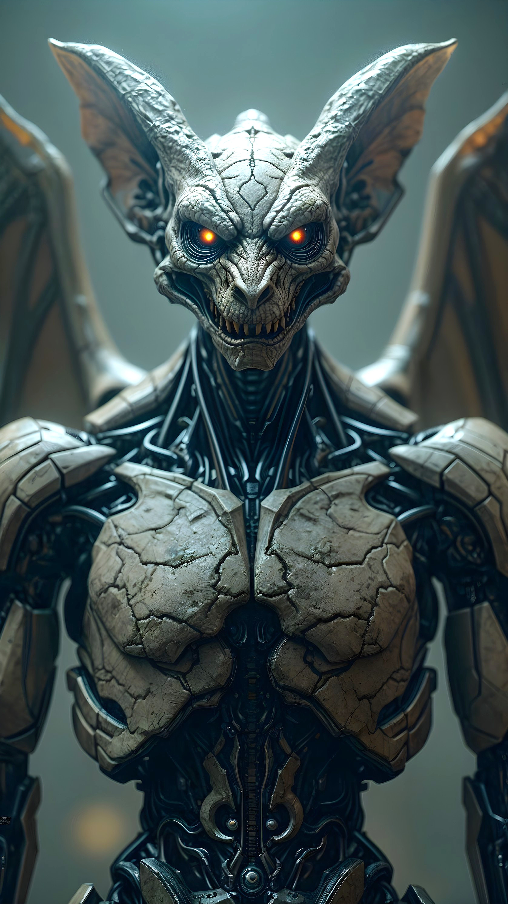 Robotic Bat-Like Creature with Stone Texture and Wings