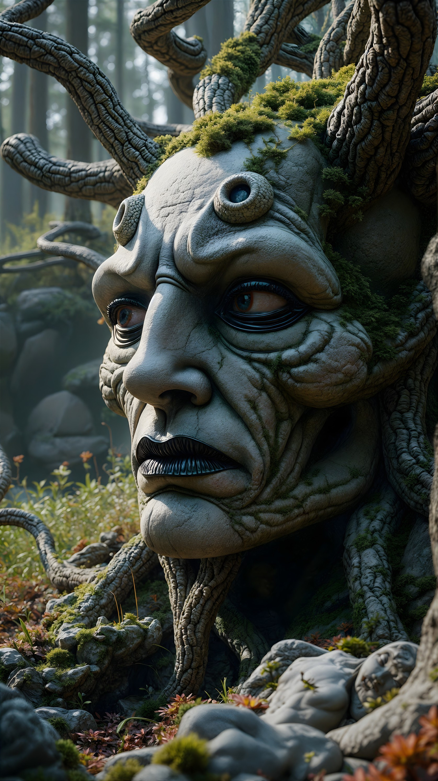 Artistic sculpture of a human face with tree roots