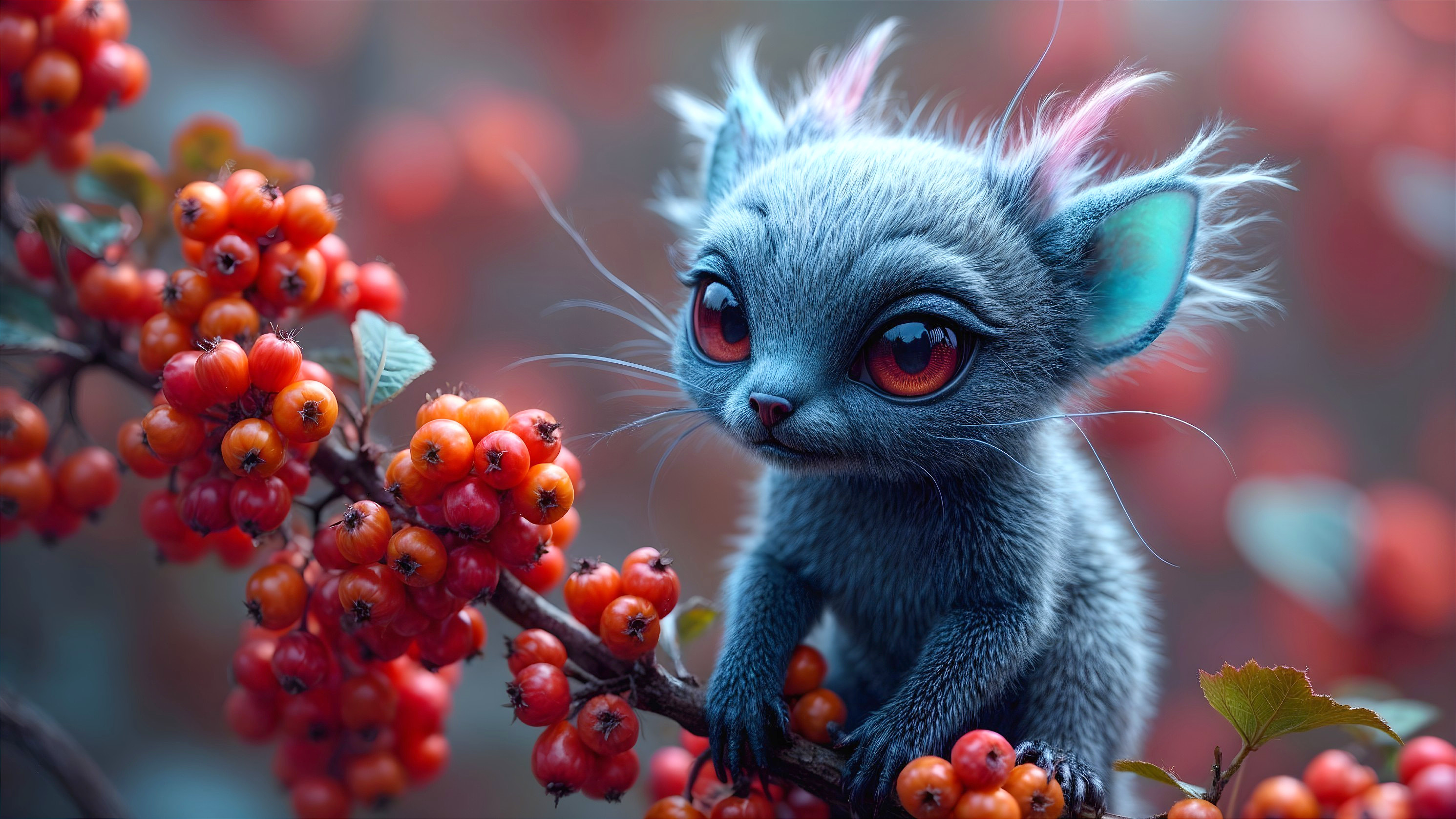 Small Blue Creature Among Orange Berries in Autumn Scene