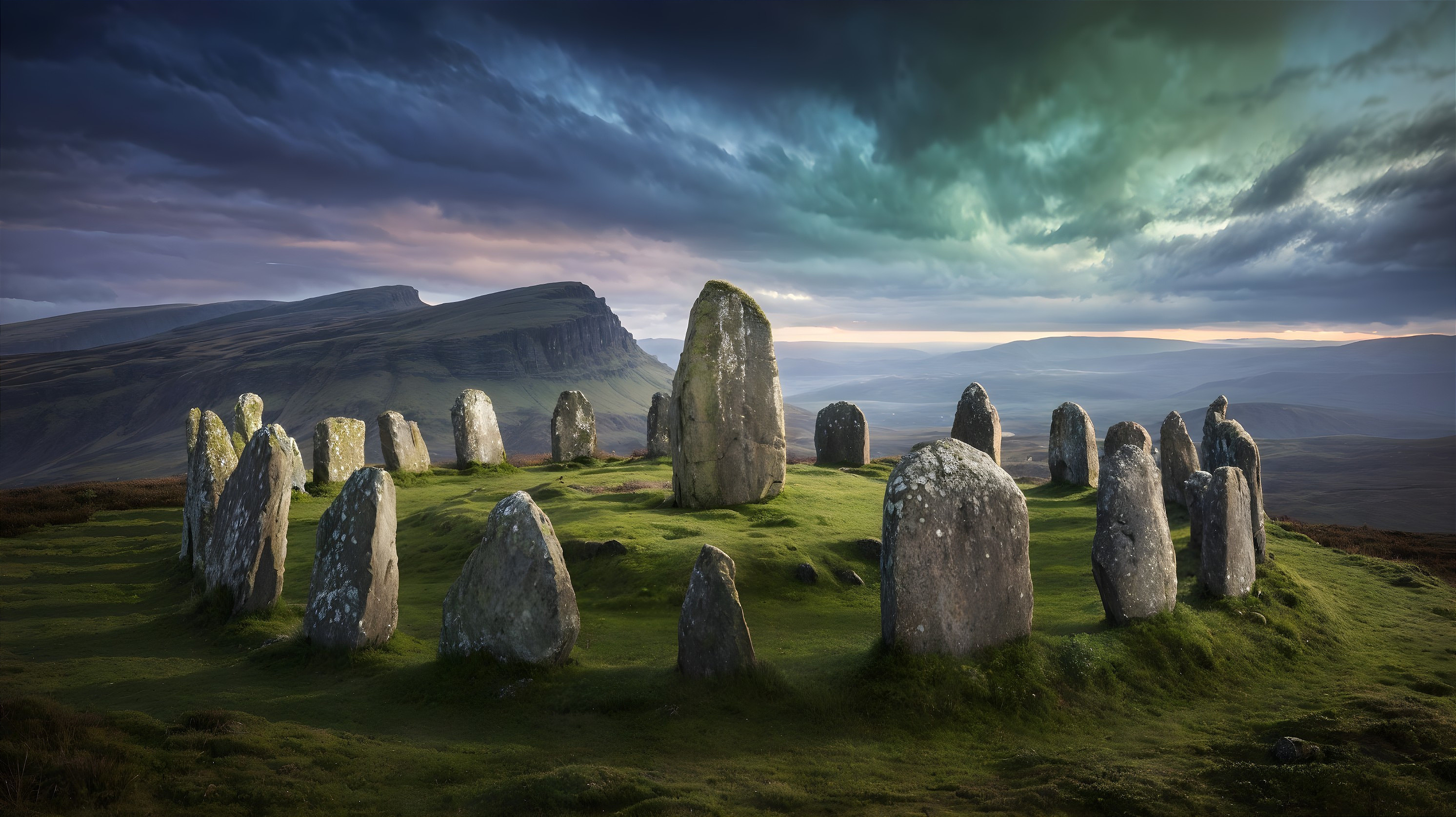 Prehistoric Stone Circle on Grassy Hill Under Clouds
