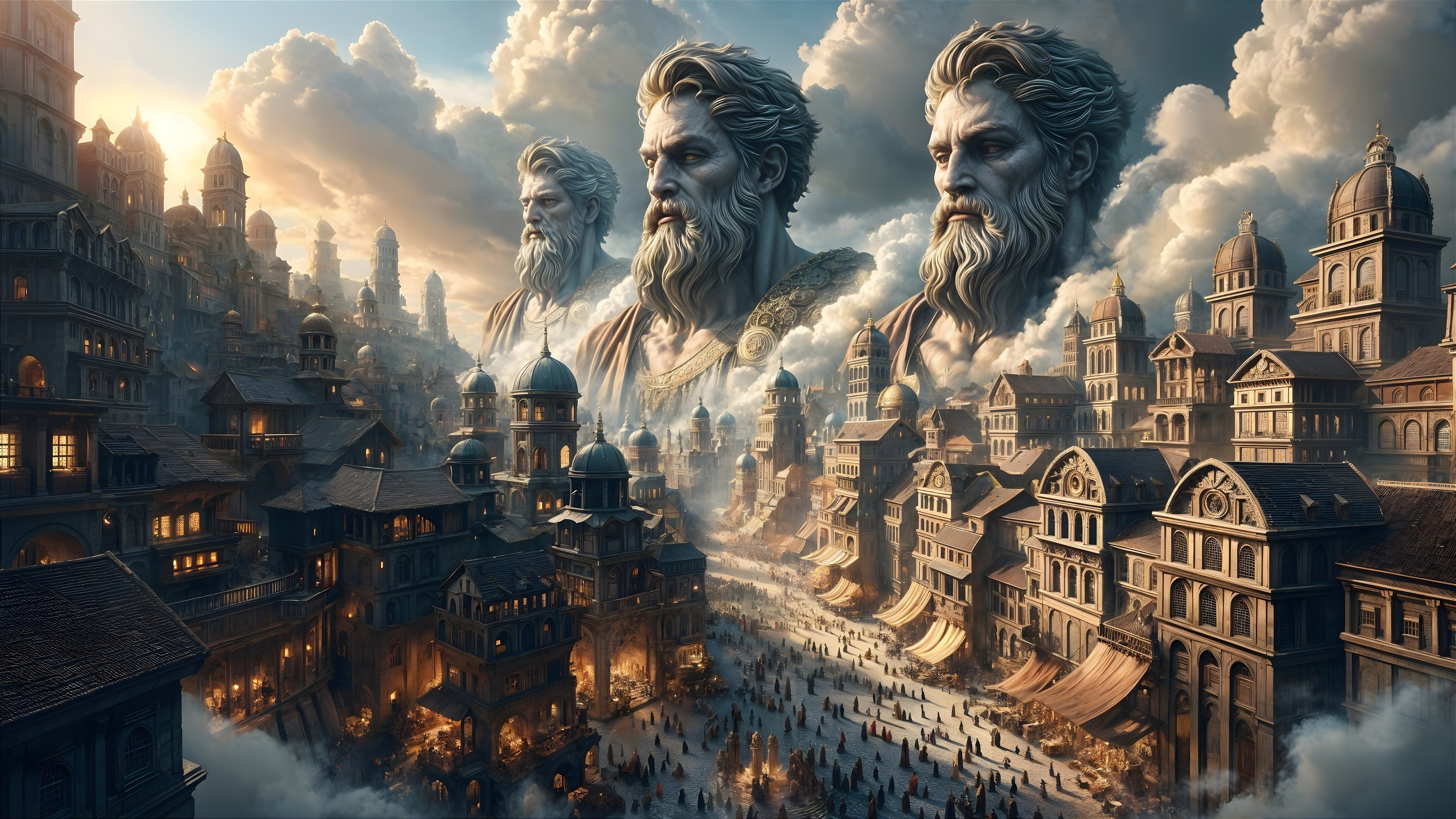 Majestic cityscape with ancient architecture and statues