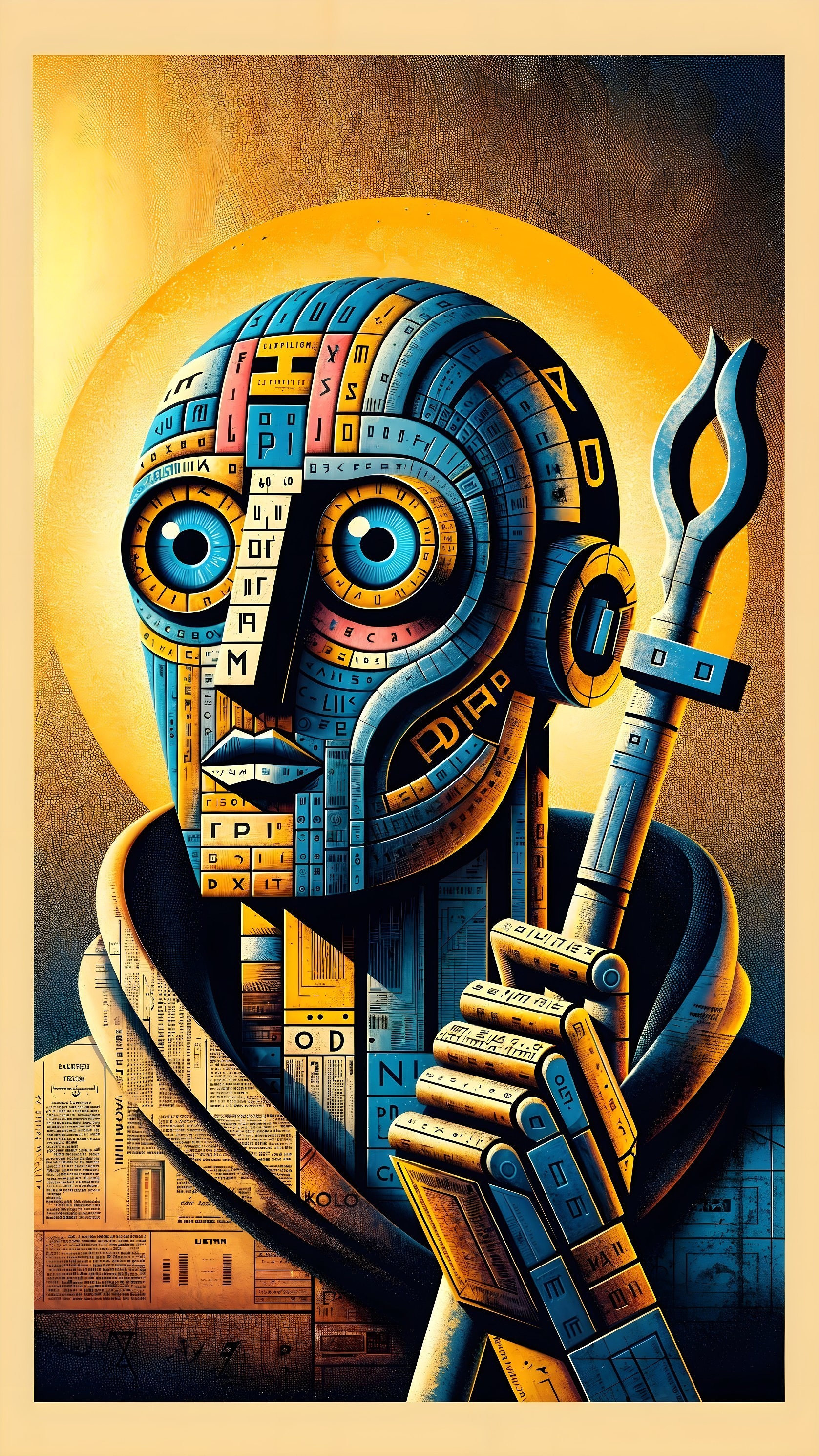 Stylized robotic figure with mosaic design and halo