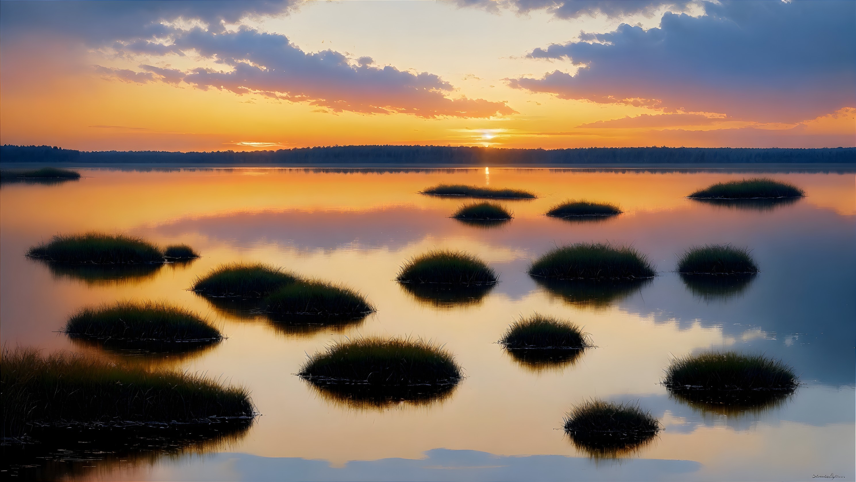 Serene Sunset Landscape with Tranquil Lake and Islands