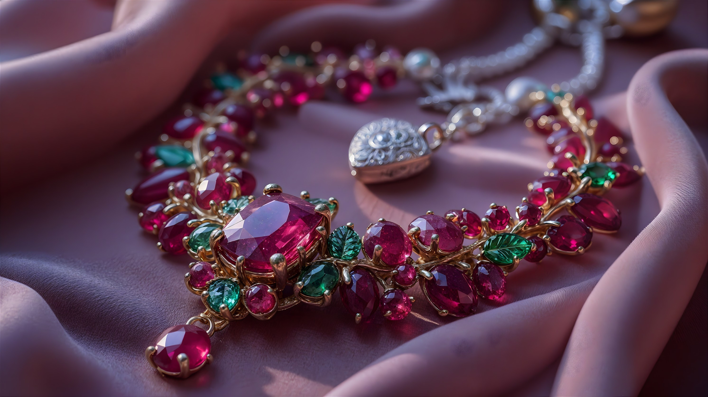 Luxurious necklace with red gemstones and gold detailing