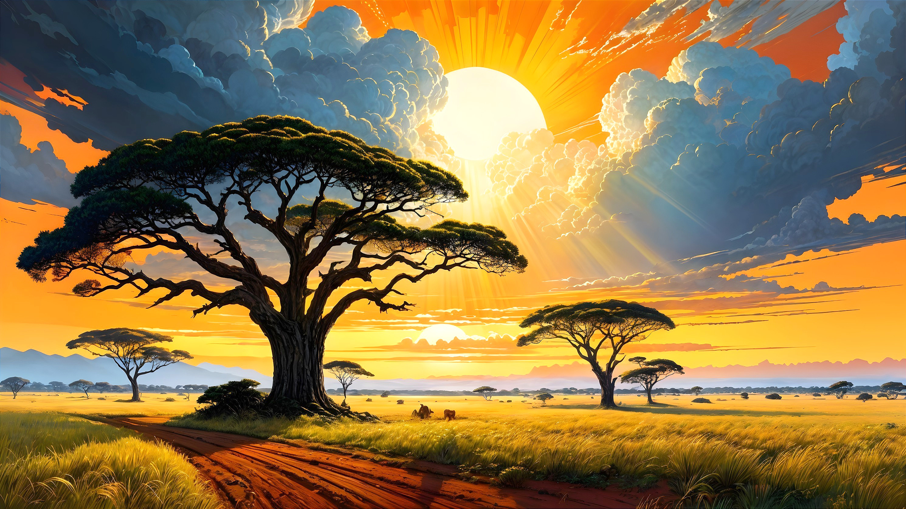 Vibrant Sunset Over a Serene Savannah Landscape