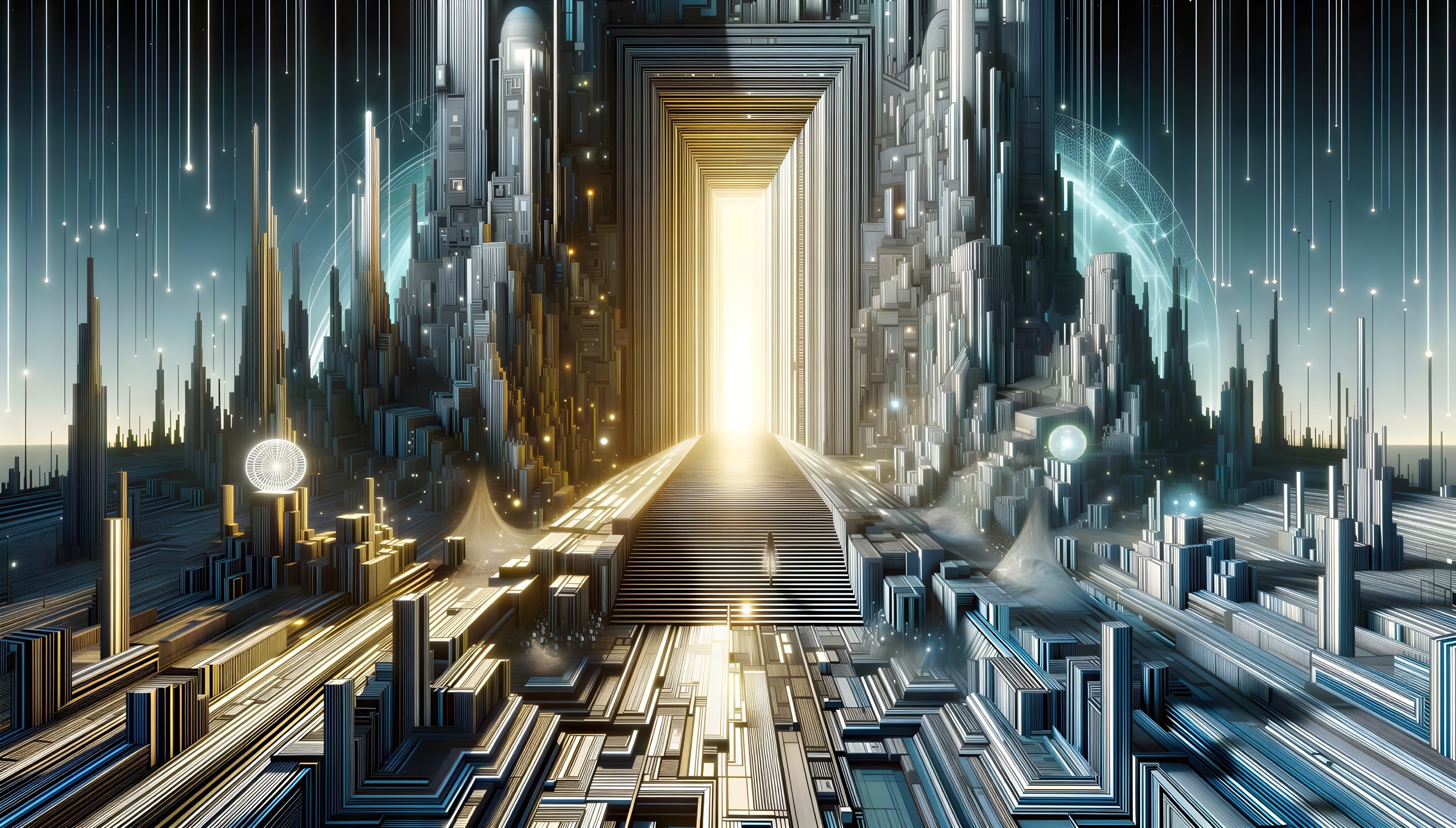 Futuristic Digital City with Geometric Shapes and Data Streams