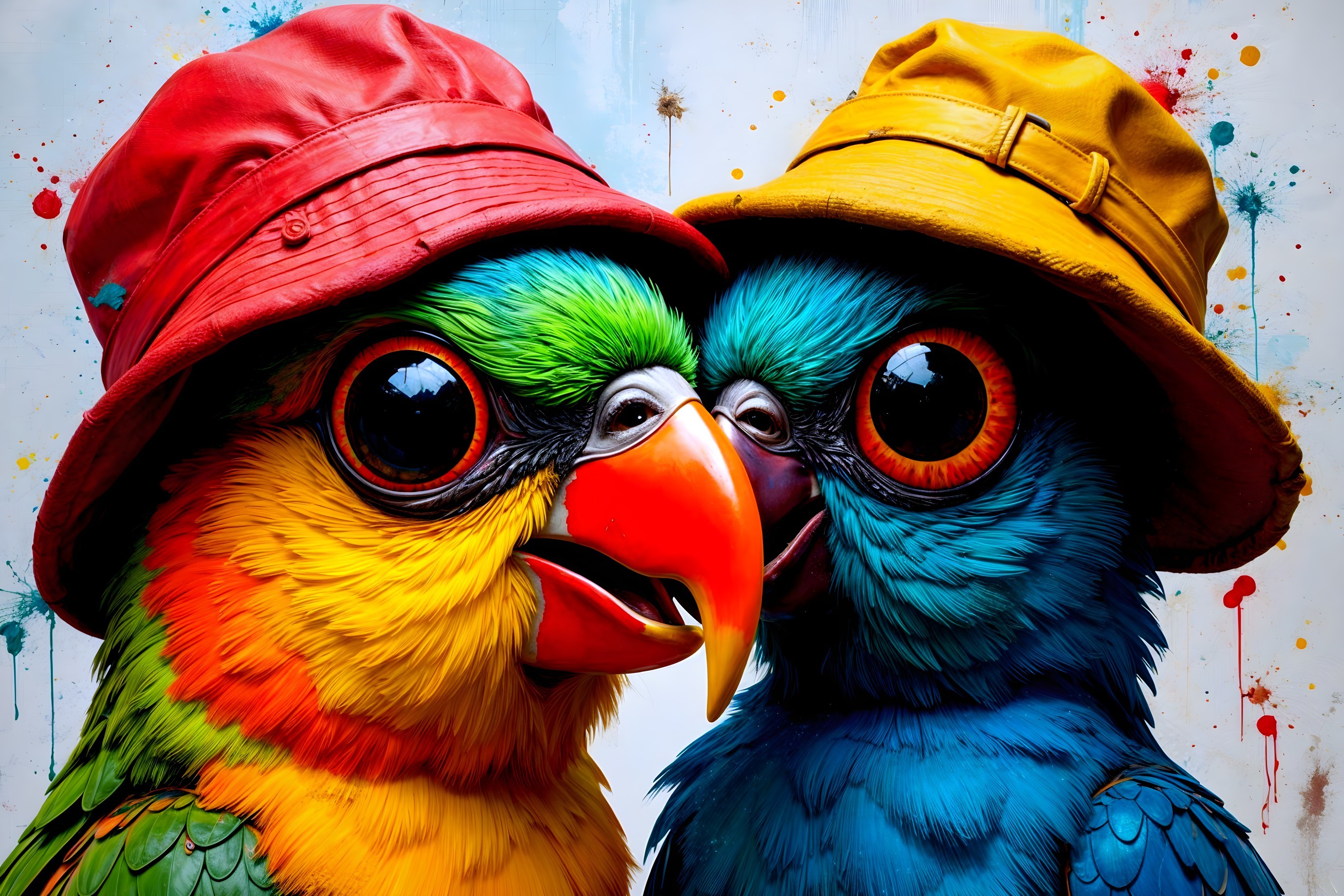 Colorful Cartoon Birds with Hats in Playful Setting