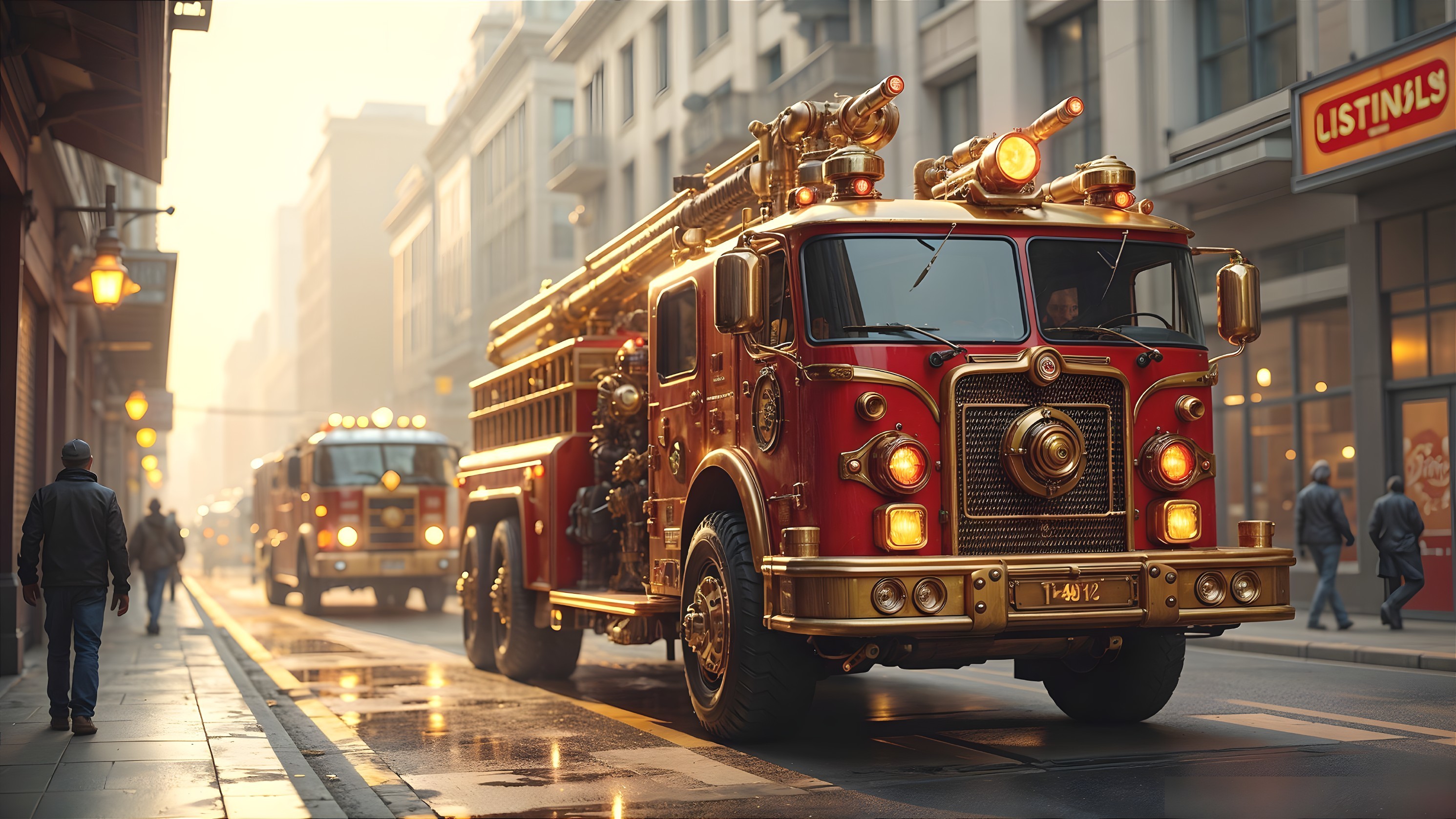 Vintage Red Fire Truck in Morning Urban Scene