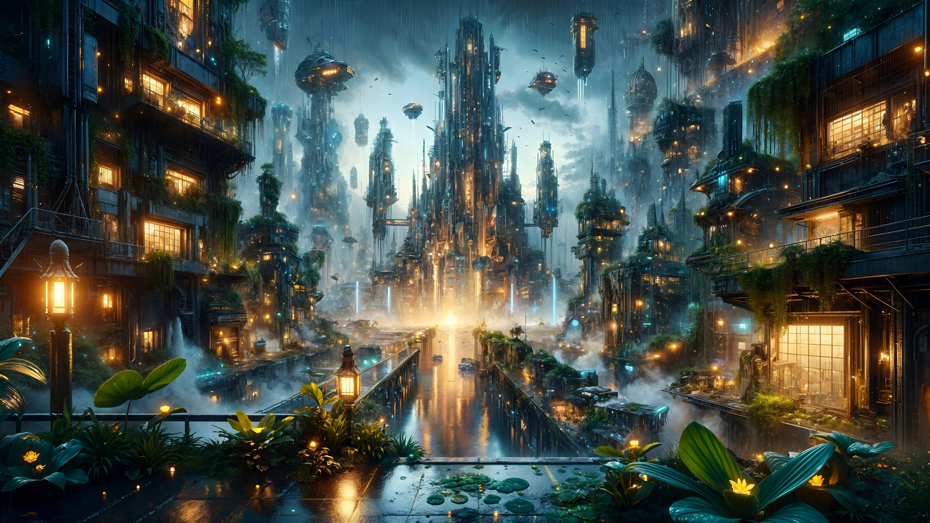 Futuristic cityscape with greenery and glowing lights
