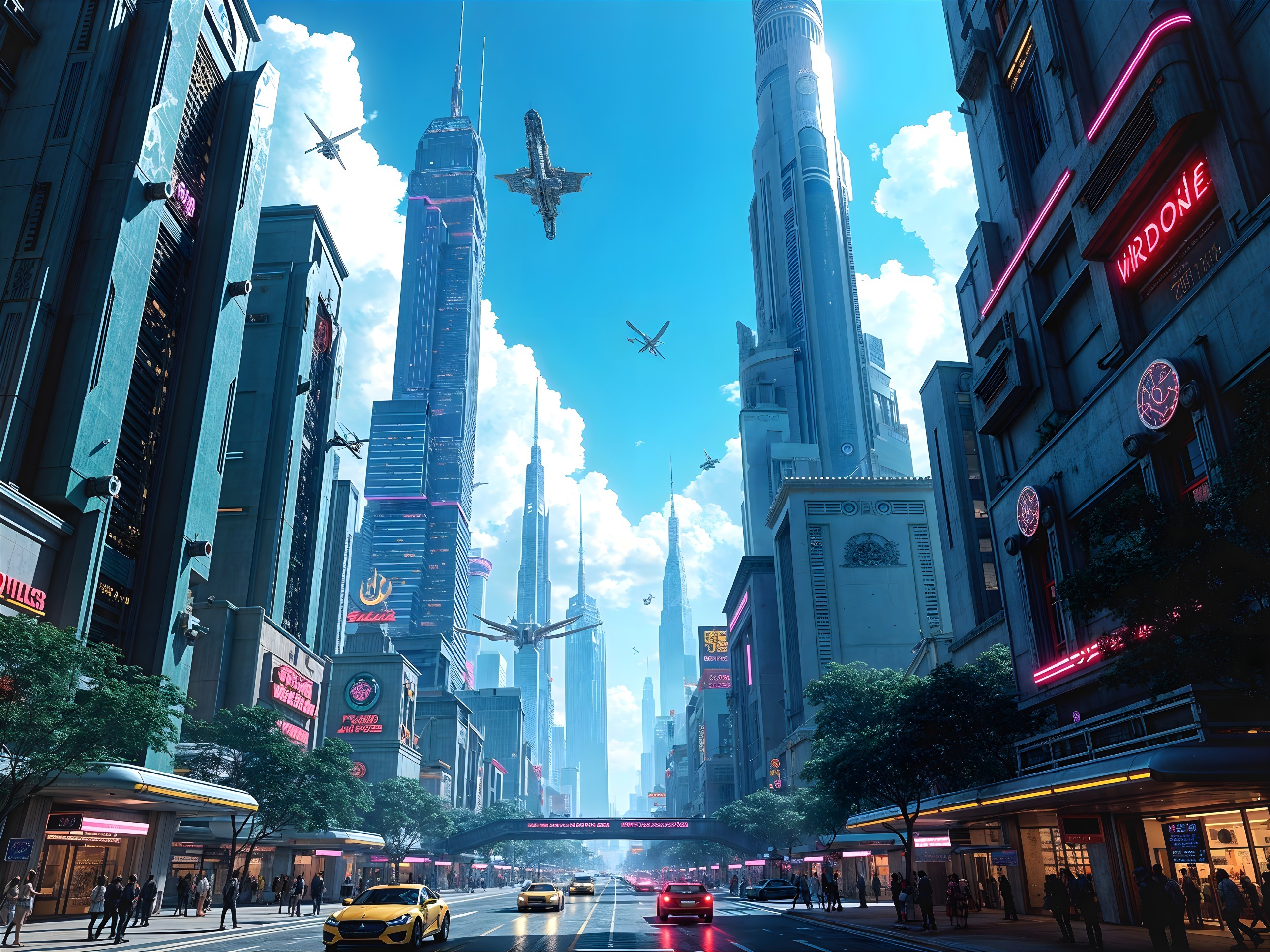 Futuristic cityscape with skyscrapers and hover vehicles