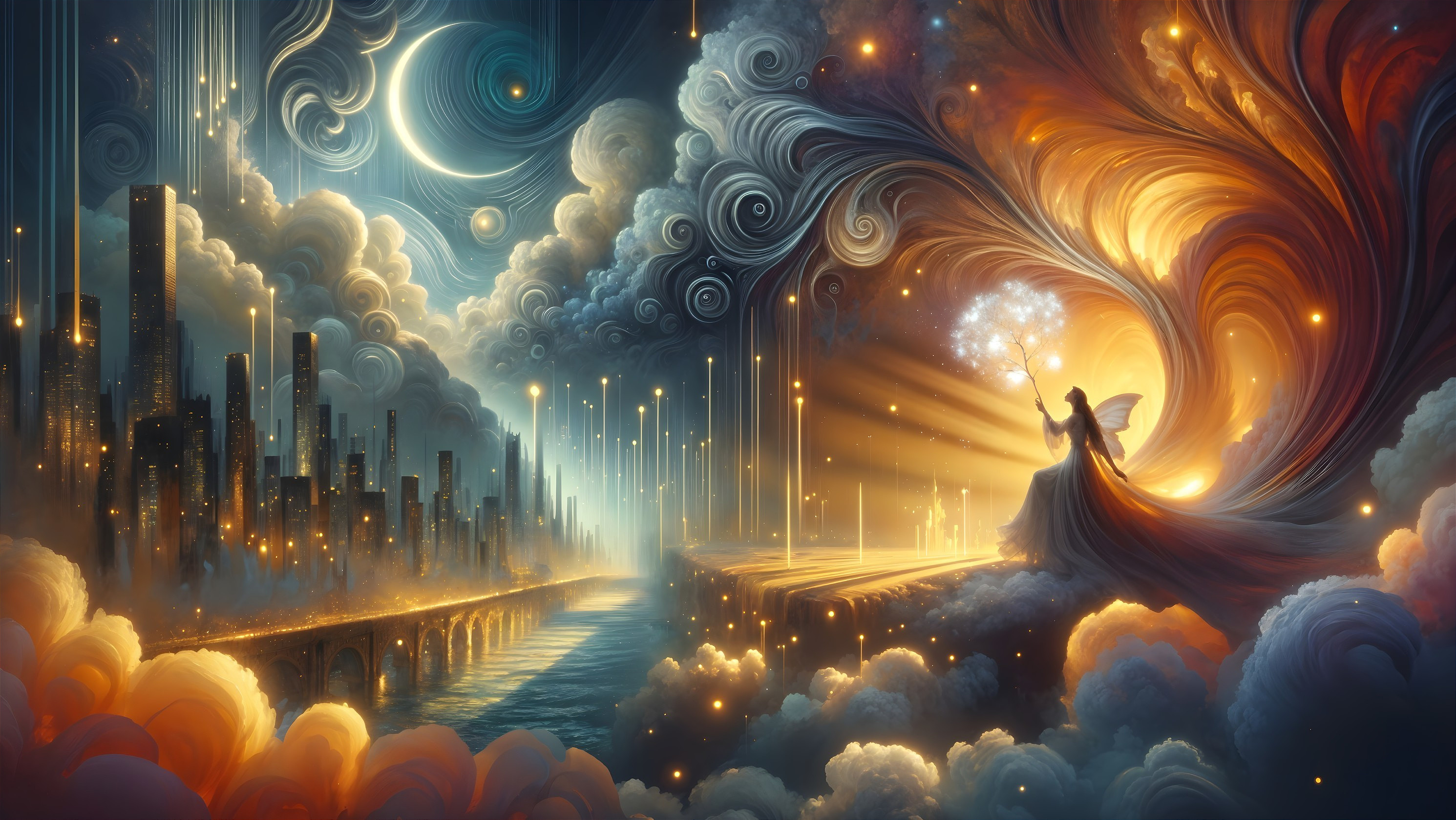 Mystical Figure in Red Gown Amidst Colorful Clouds