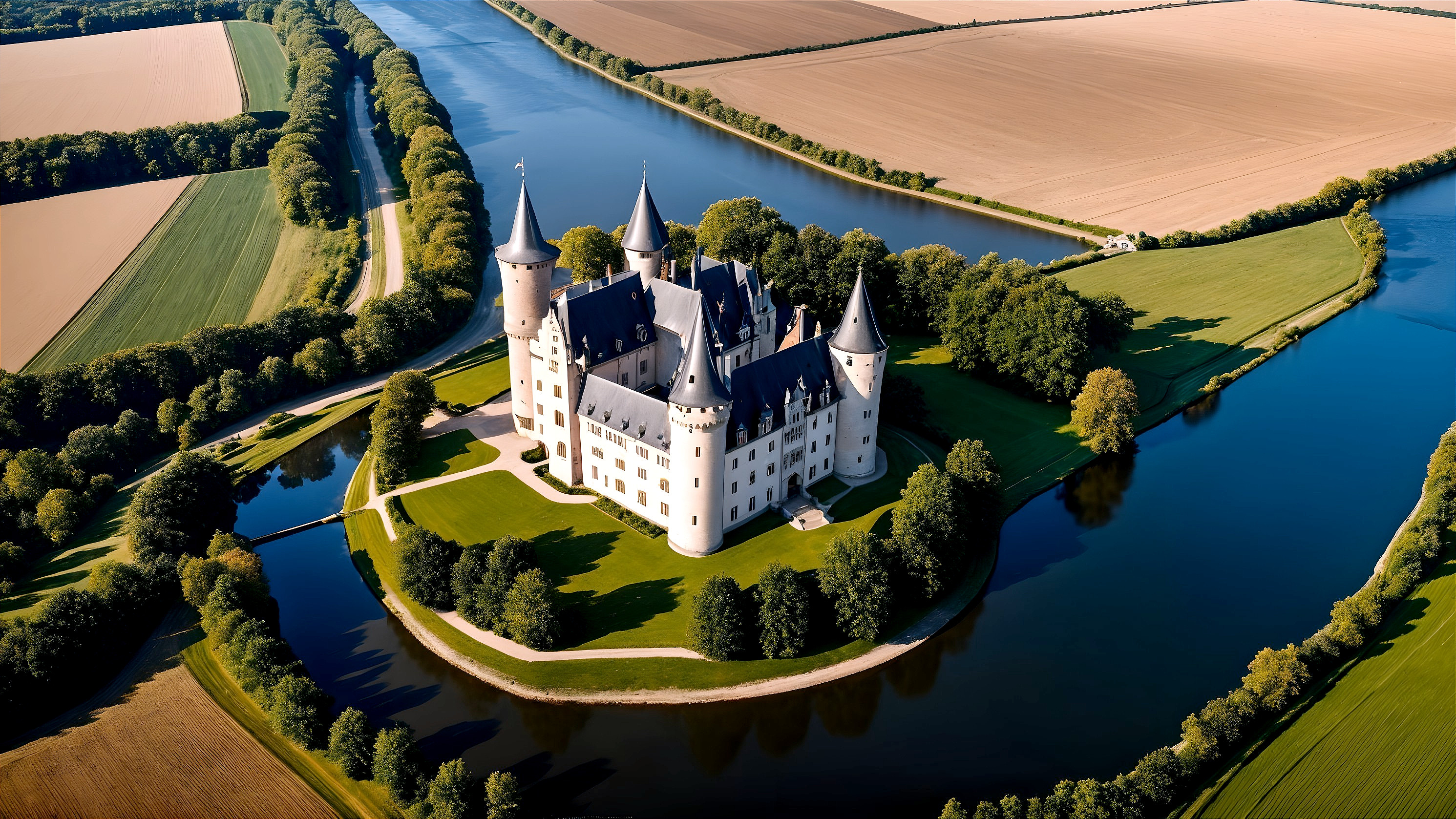 Aerial View of a Fairytale Castle by a River