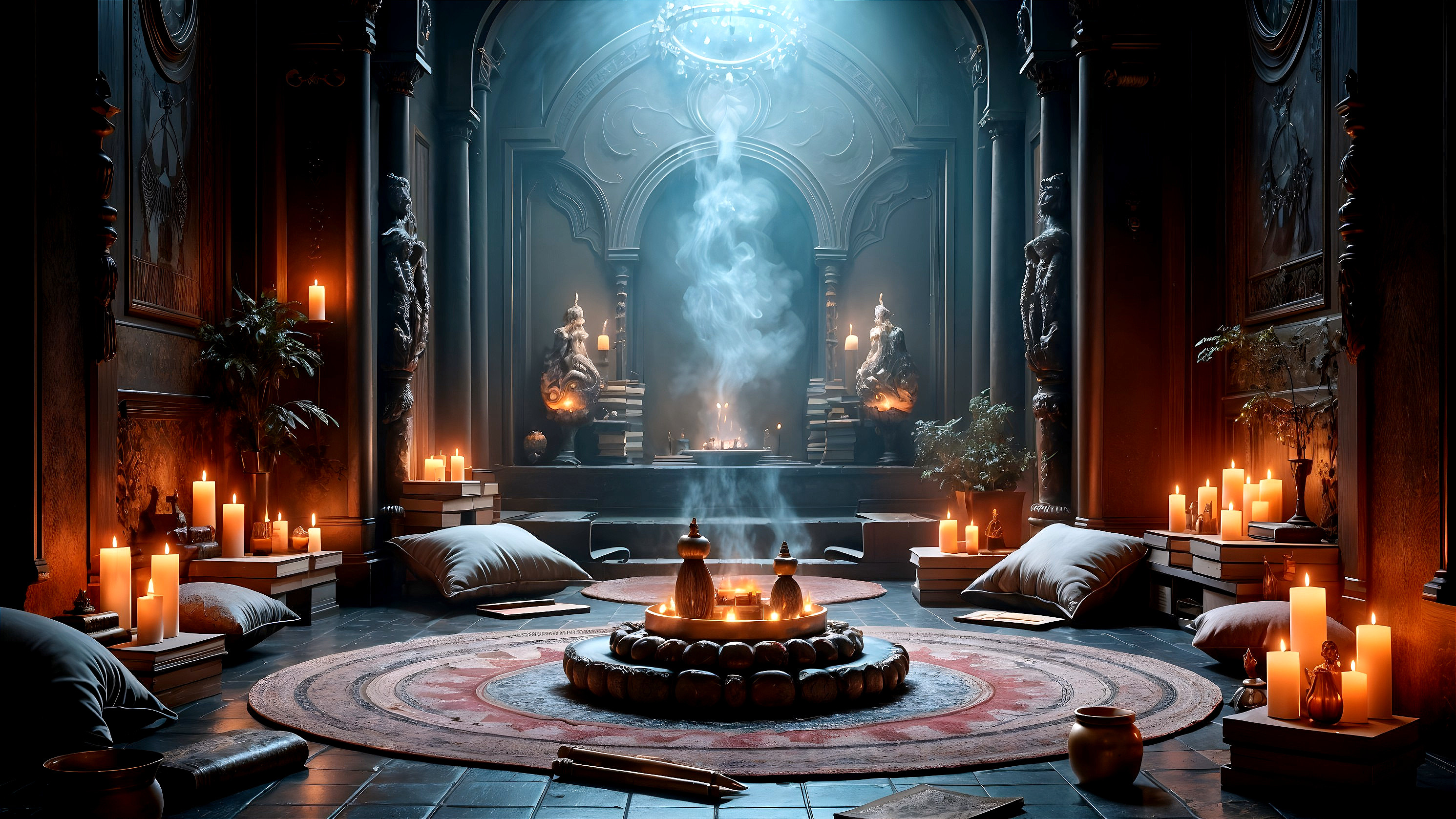 Opulent Chamber with Central Fire Pit and Candles