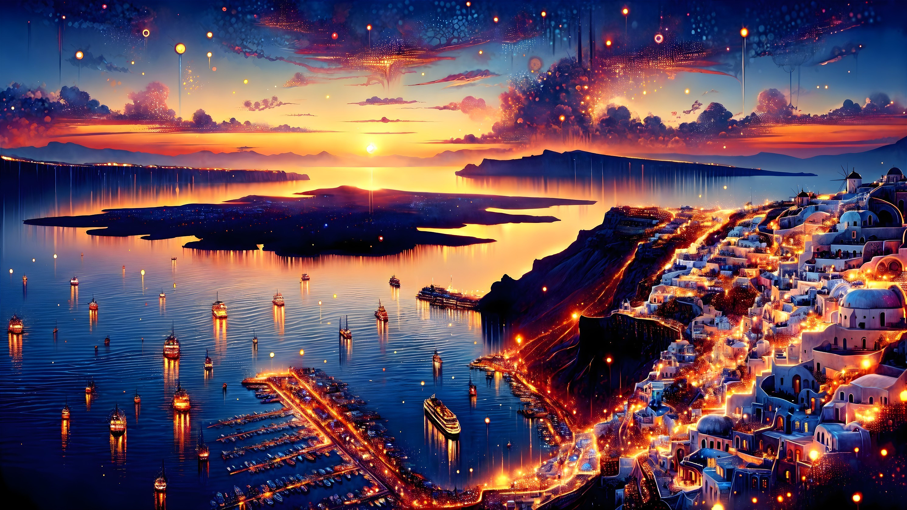 Vibrant Sunset Over Tranquil Bay with Silhouetted Islands