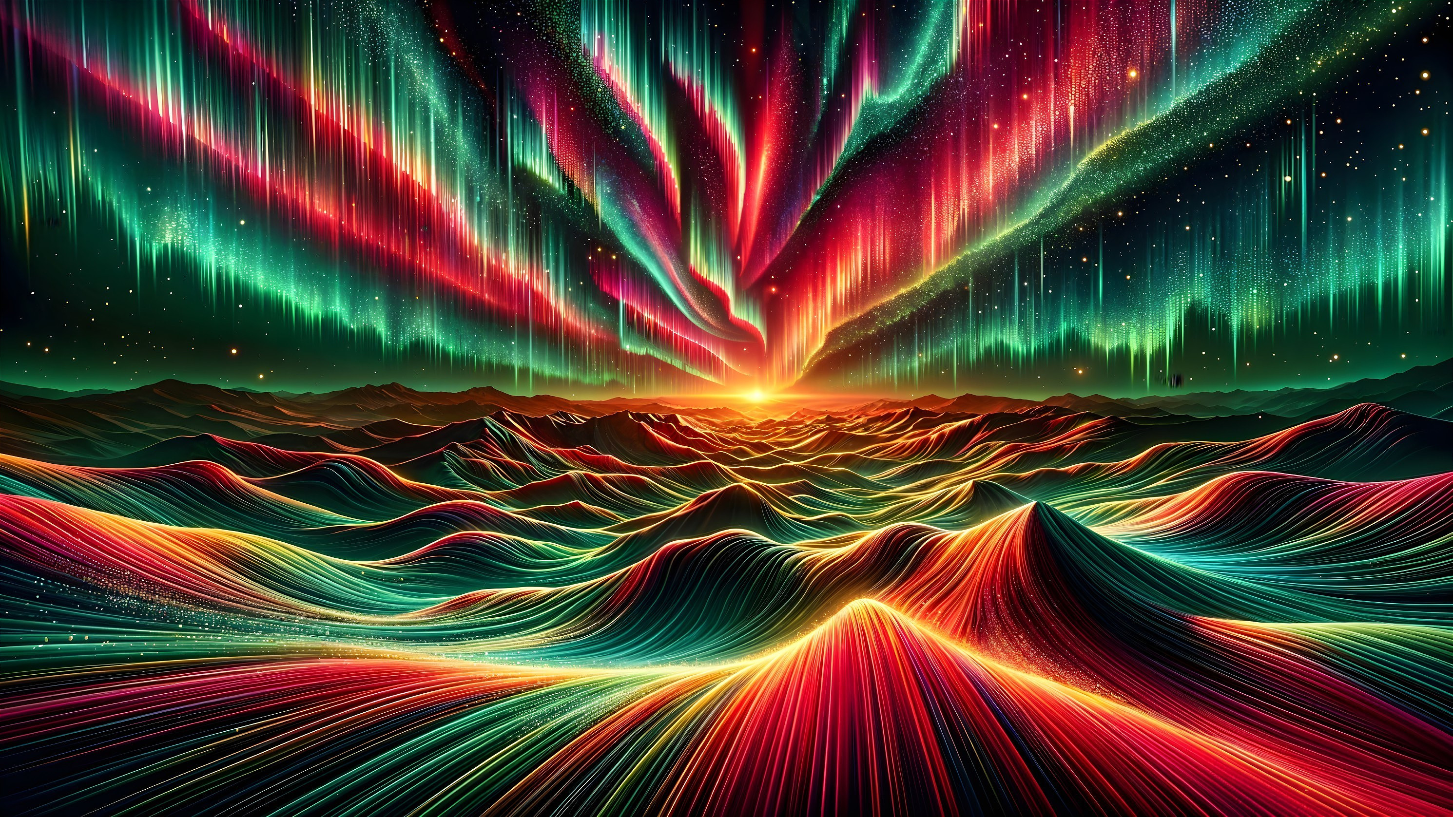 Vibrant Otherworldly Landscape with Dynamic Auroras