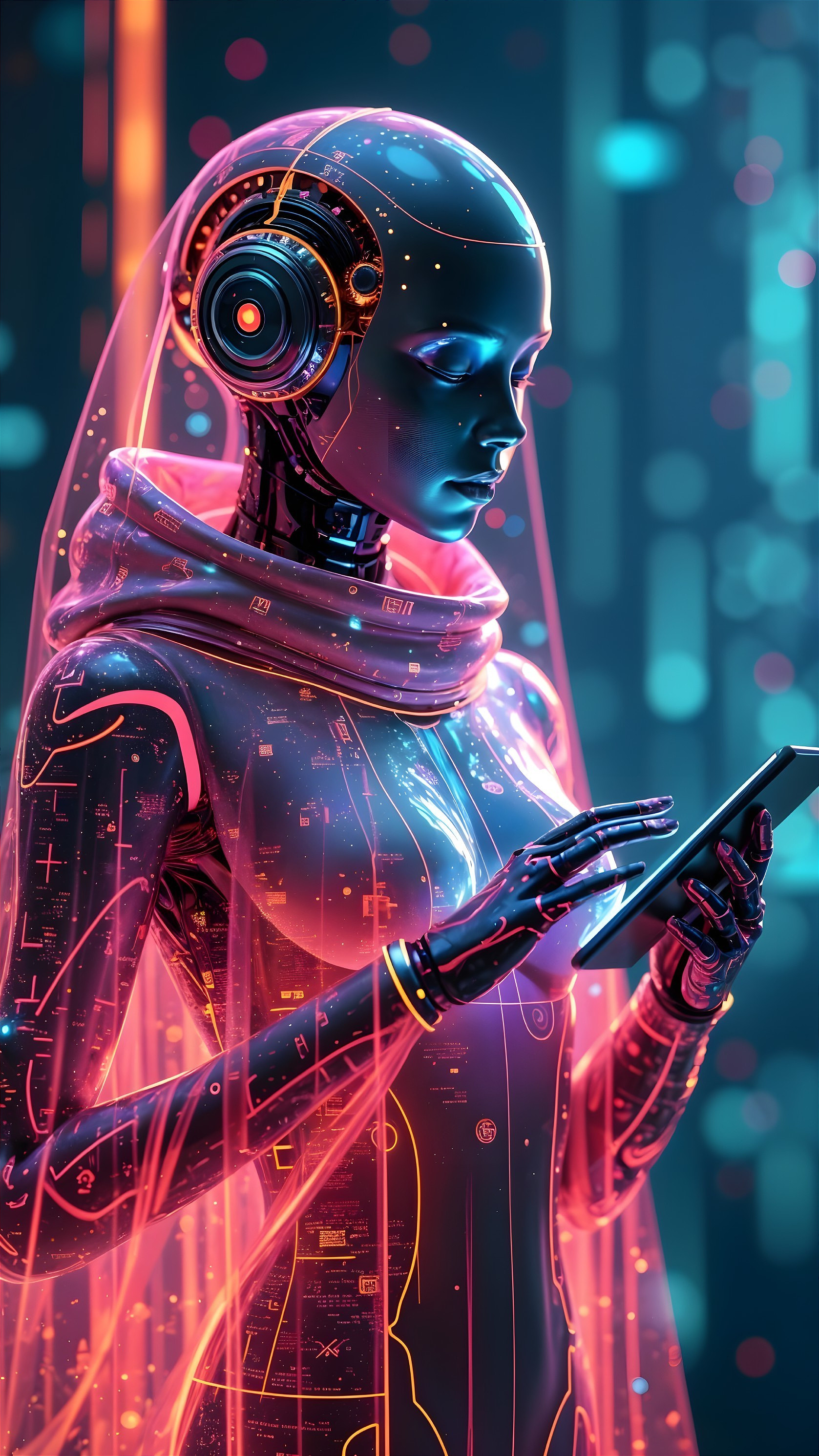 Futuristic Robot with Neon Patterns and Digital Elements