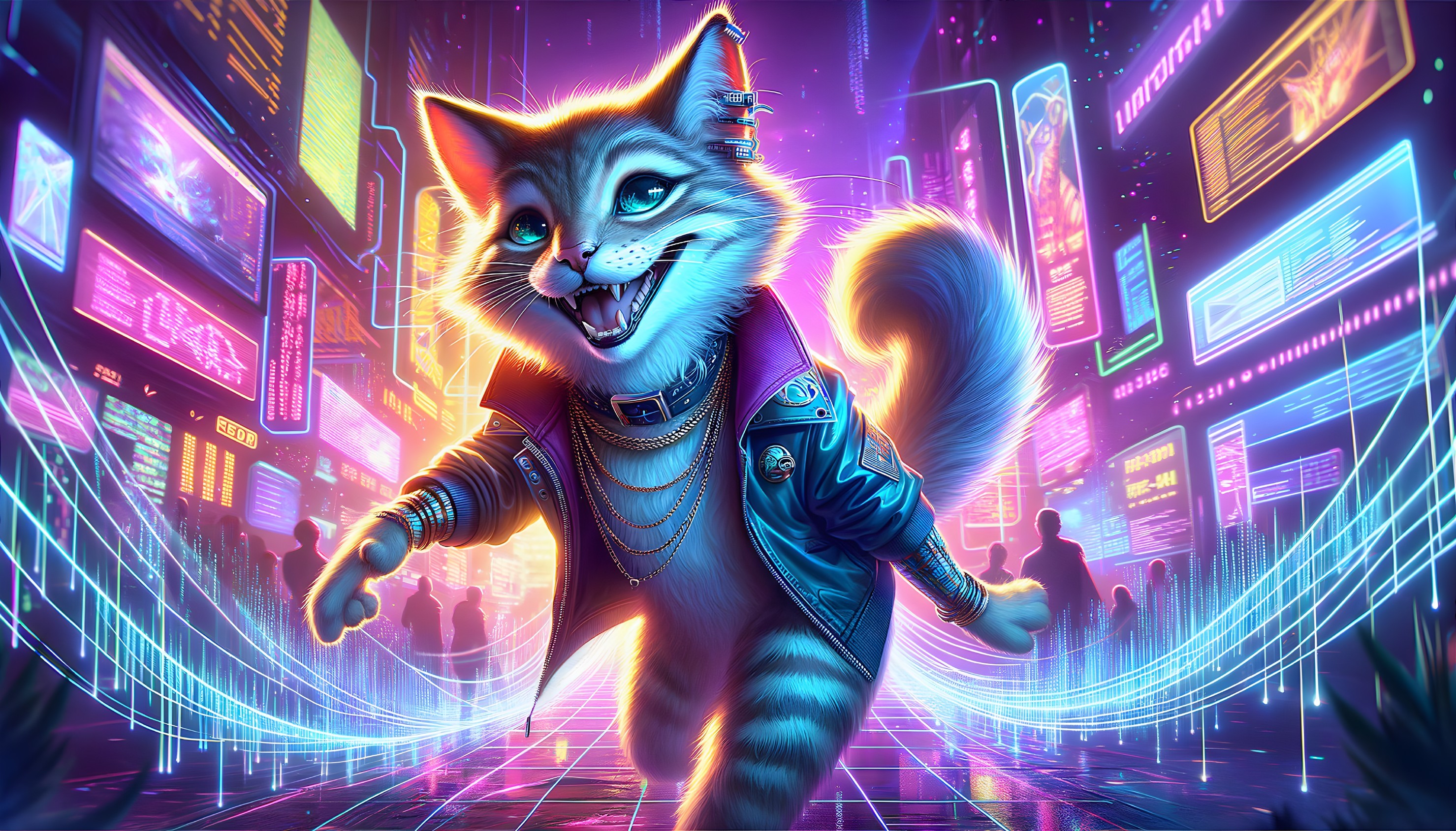 Futuristic Cartoon Cat in Neon Cityscape Setting