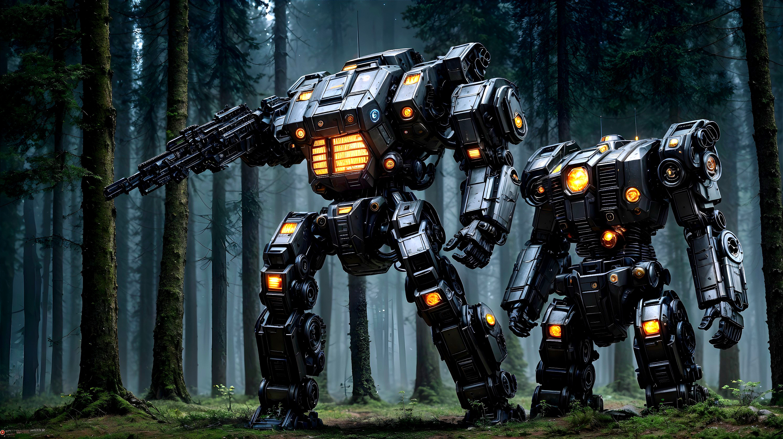 Robots in a Misty Forest Setting with Futuristic Design