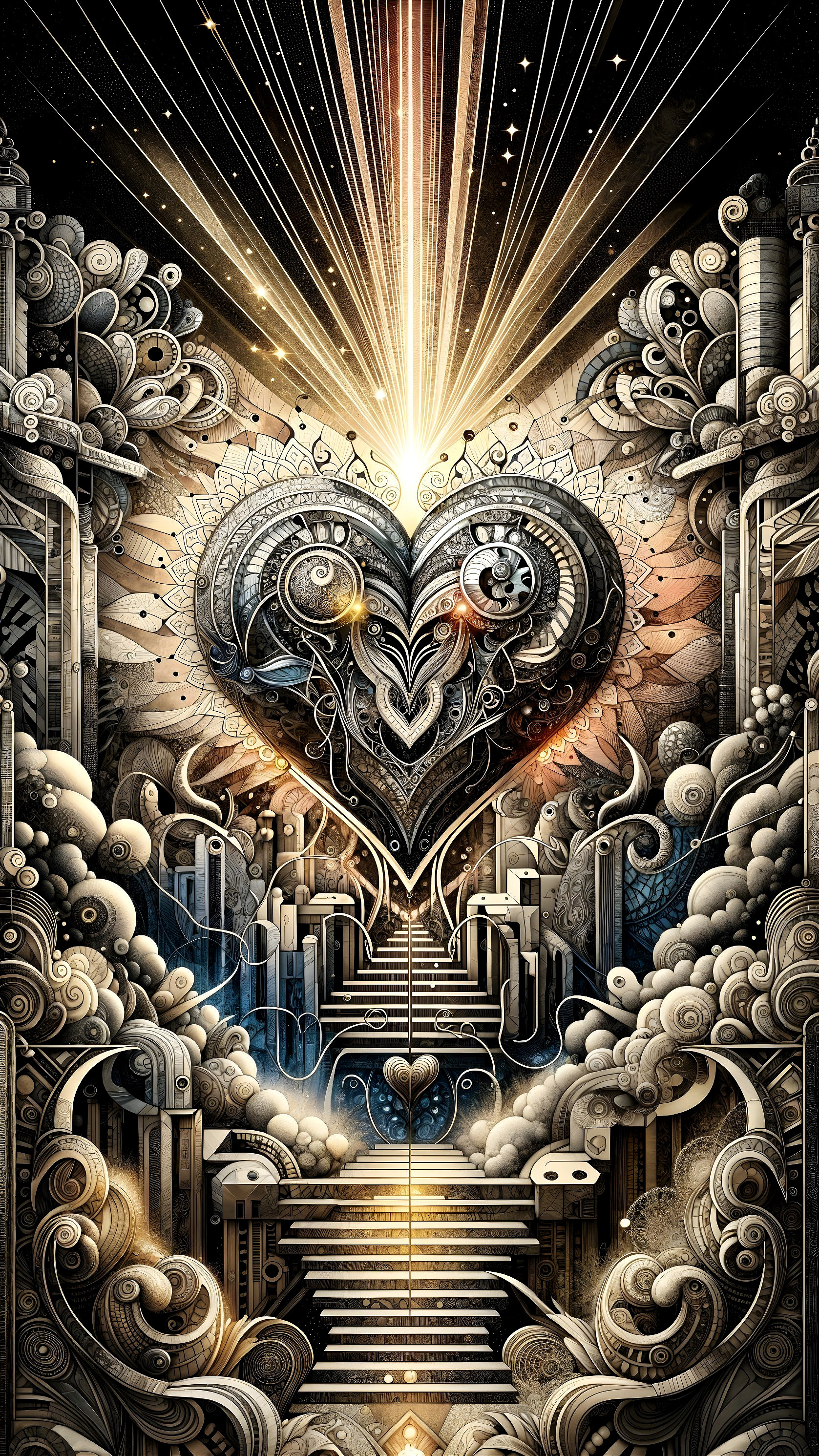 Intricate Heart Design Surrounded by Ethereal Elements