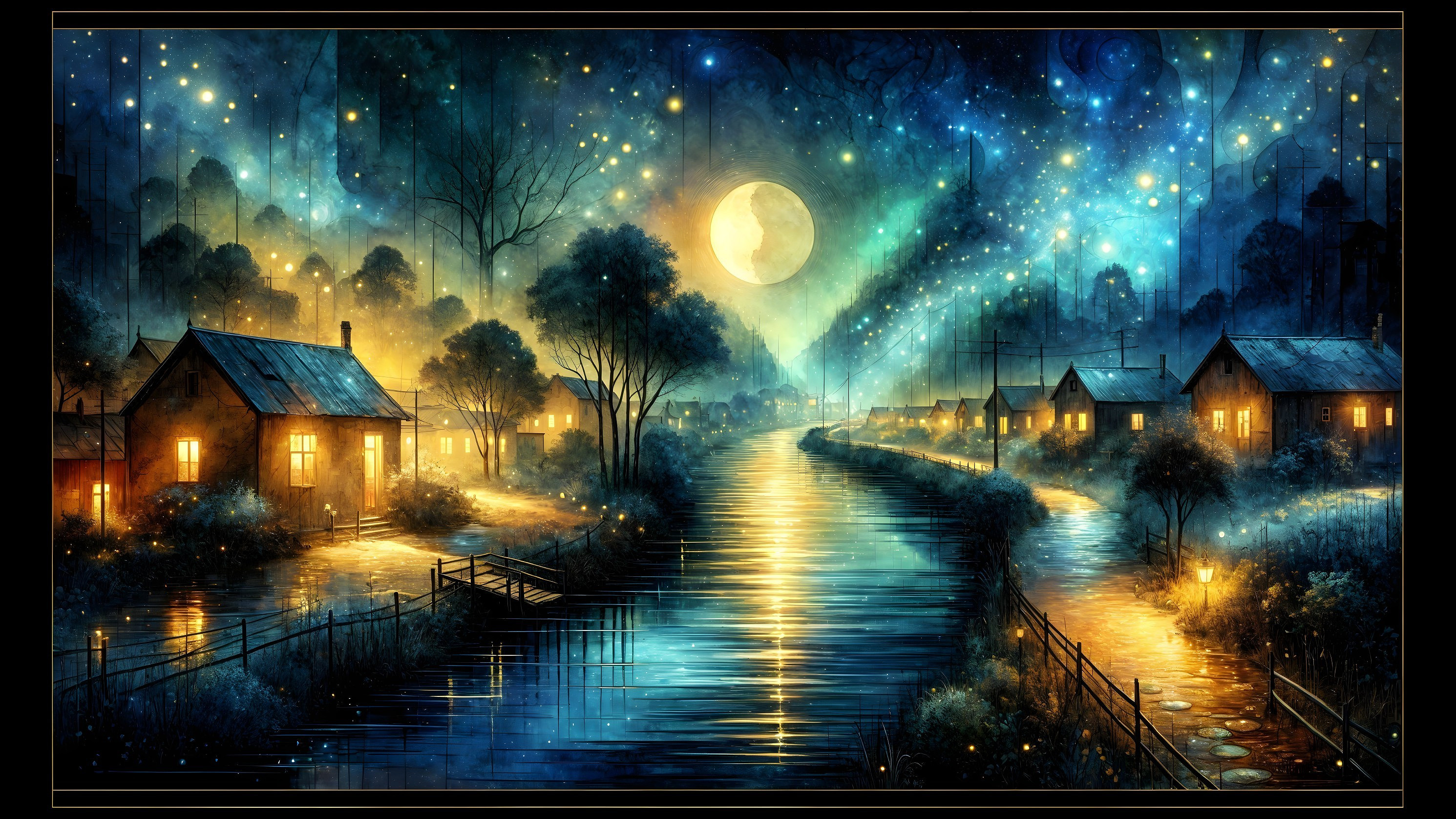 Cozy Cottages by Tranquil River Under Starry Sky