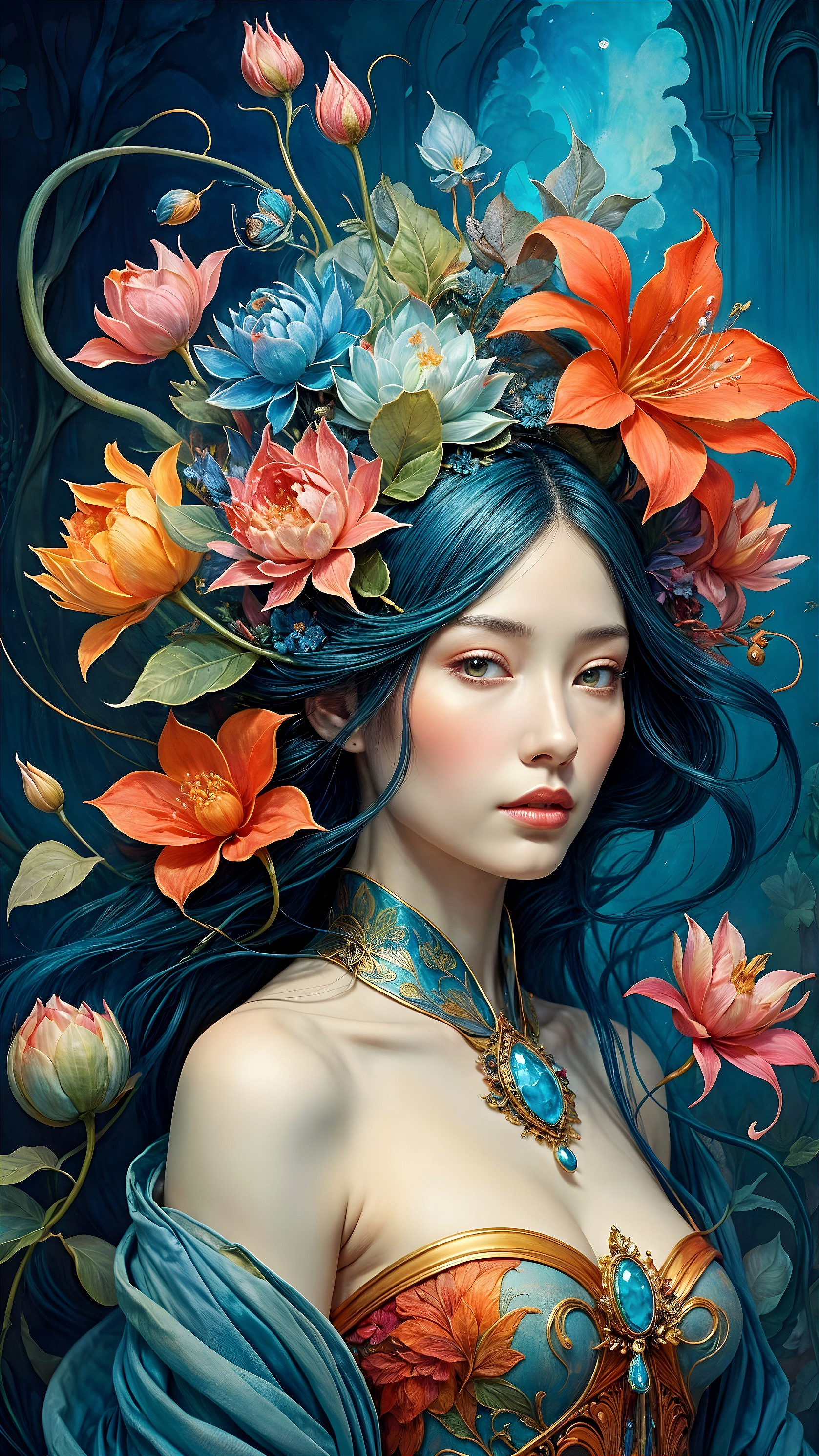 Woman in Floral Crown with Colorful Blooms and Gems