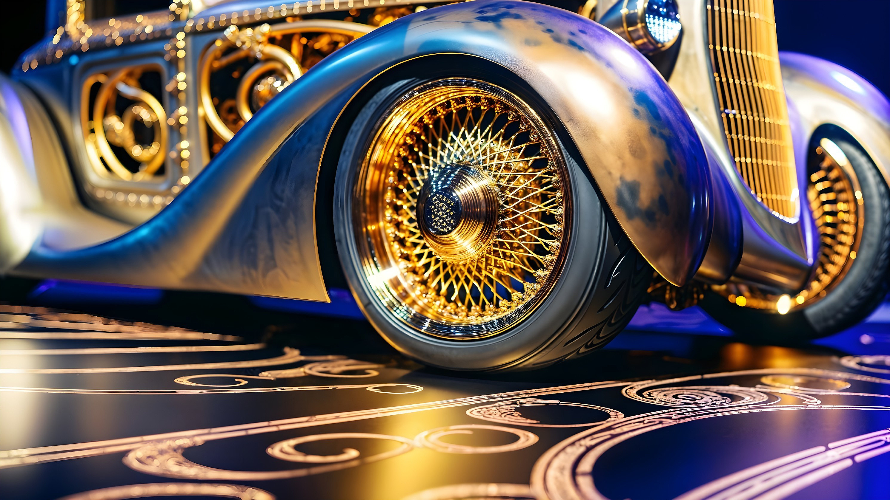 Detailed Vintage Car with Golden Exterior and Embellishments