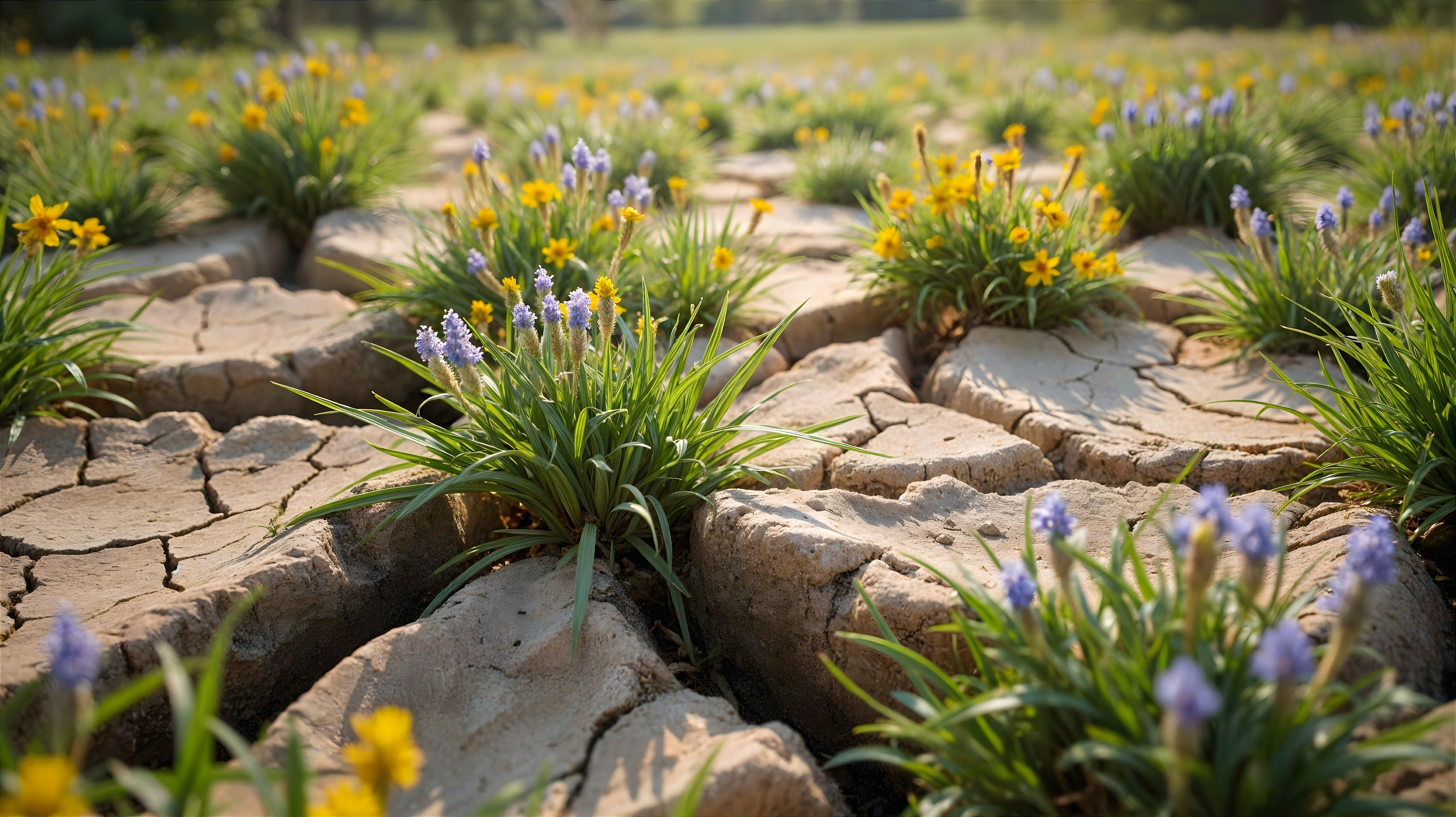Sunlit Landscape of Cracked Earth and Vibrant Flowers