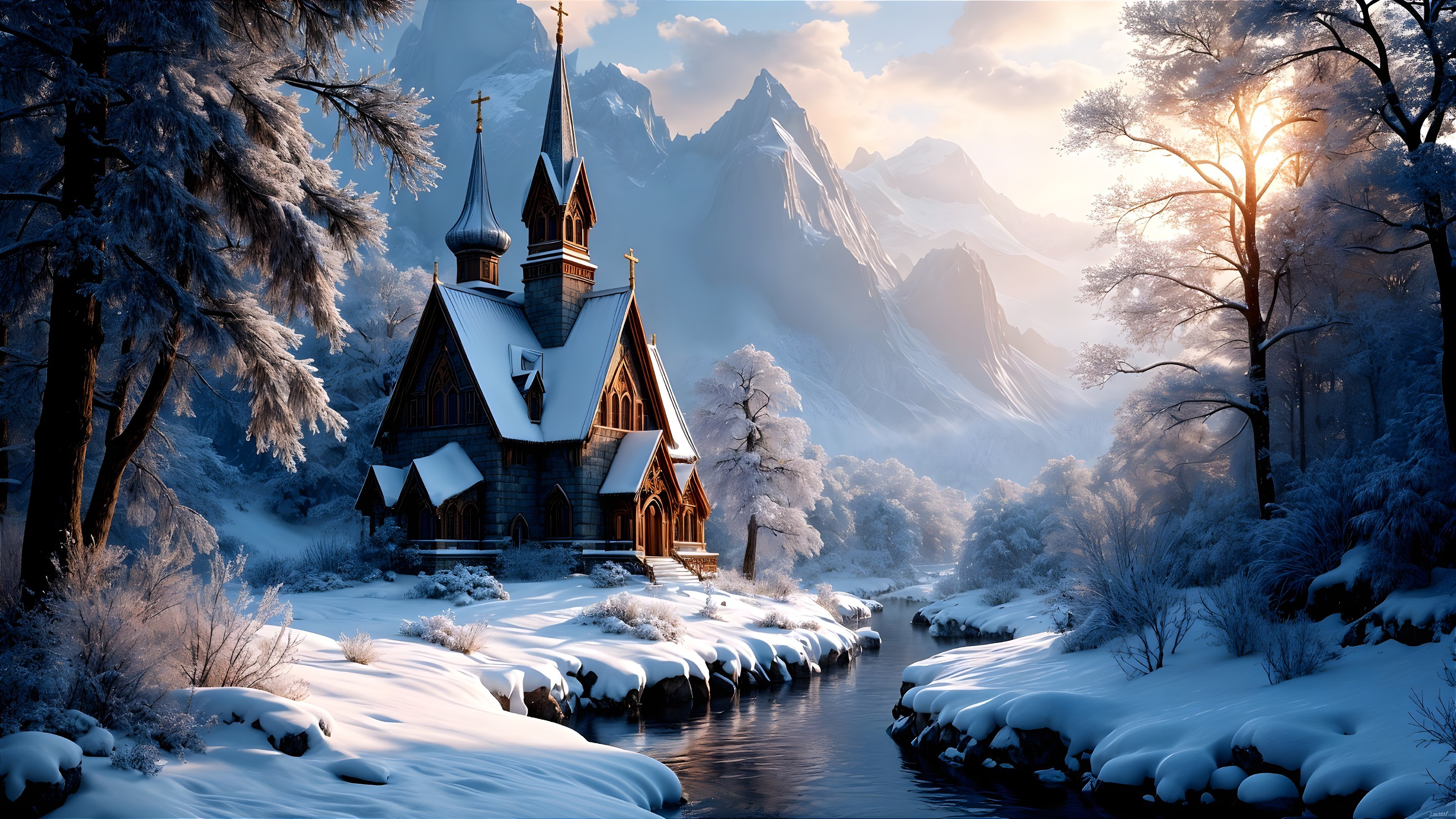 Winter Landscape with Wooden Church and Snowy Trees
