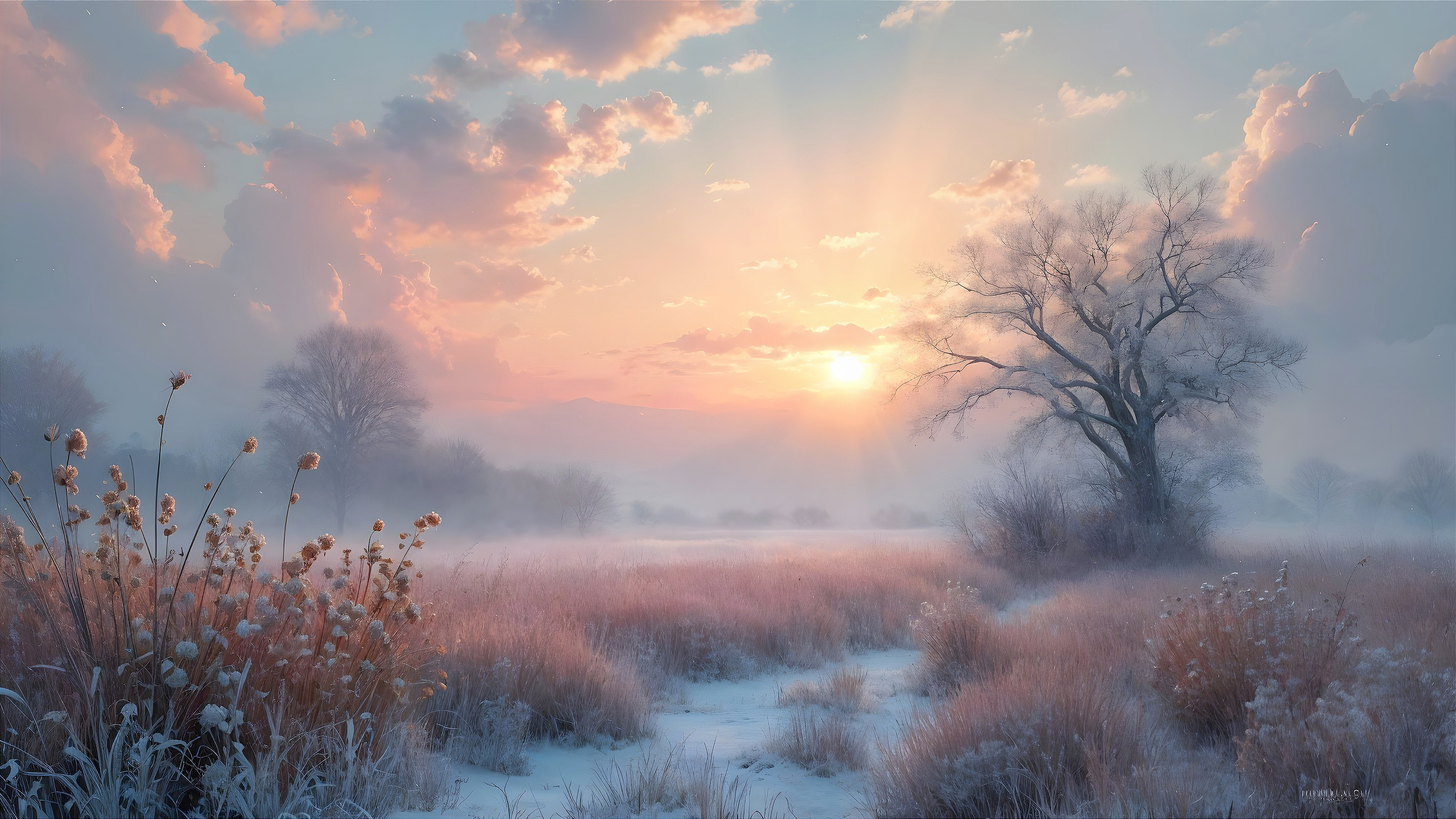 Winter Landscape with Pastel Sky and Leafless Tree